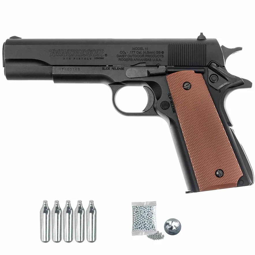 Winchester Model 11 blowback CO2 (4,5mm) | Pack Daisy Pistola de balines (balines de Acero). Arma de Aire comprimido de Co2 y Bolas BB´s, Calibre 4,5mm