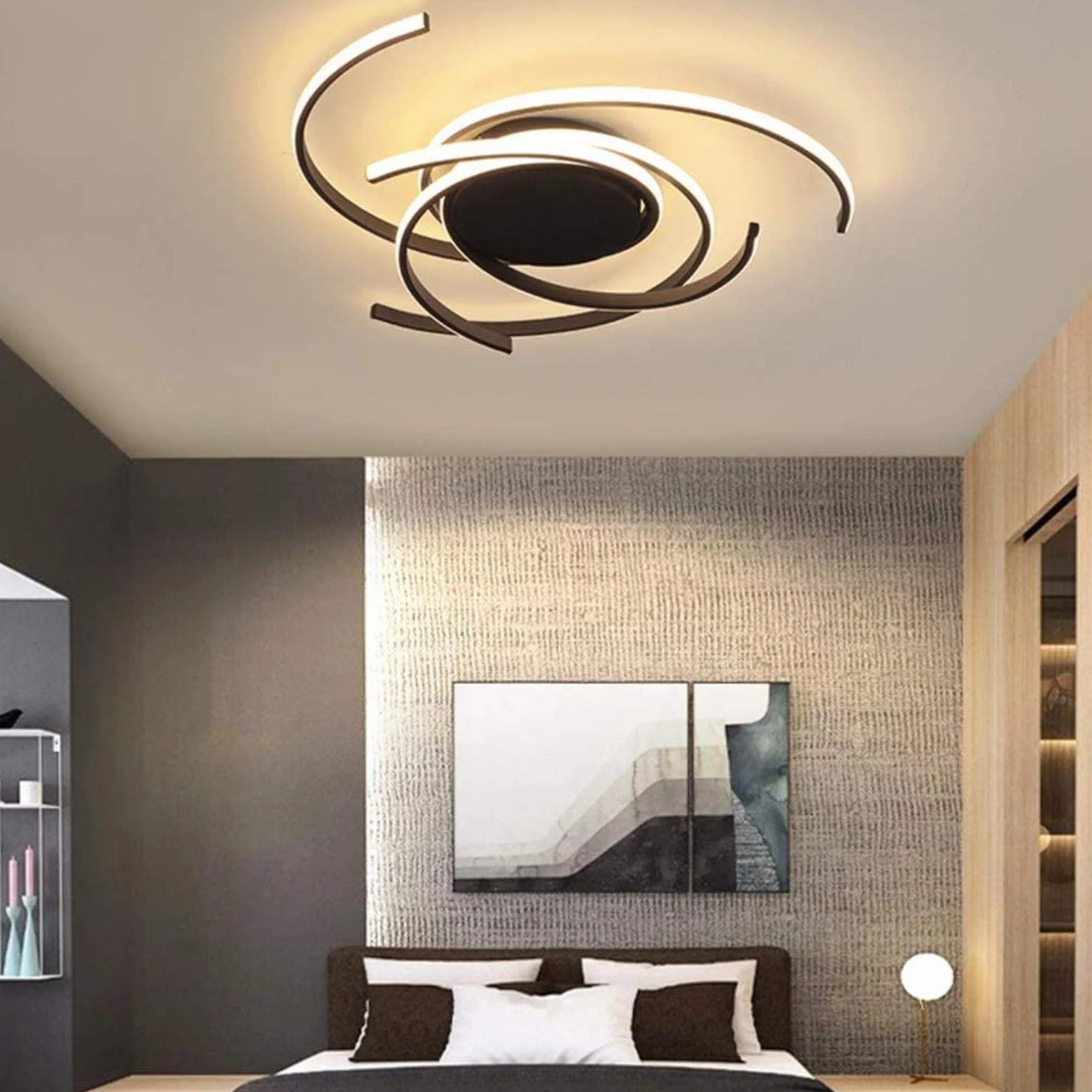 Lámpara de techo LED regulable con control remoto, araña de acrílico y metal, diseño flor espiral, negro