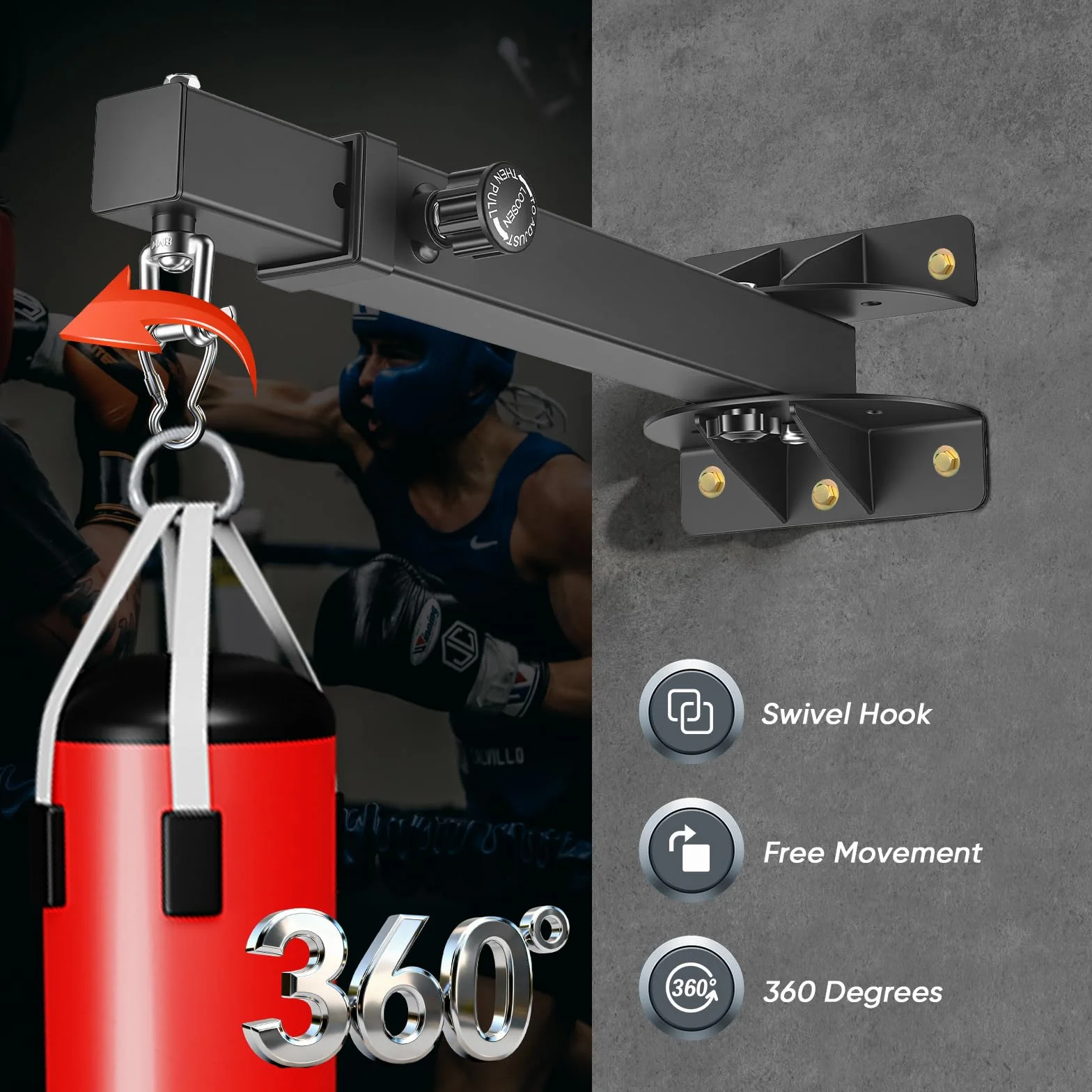 Soporte para Saco de Boxeo, Soporte para saco de boxeo ajustable con rotación de 180°, Soporte giratorio resistente para gimnasio en casa, adecuado para kickboxing, Muay Thai, MMA y bolsa de velocidad
