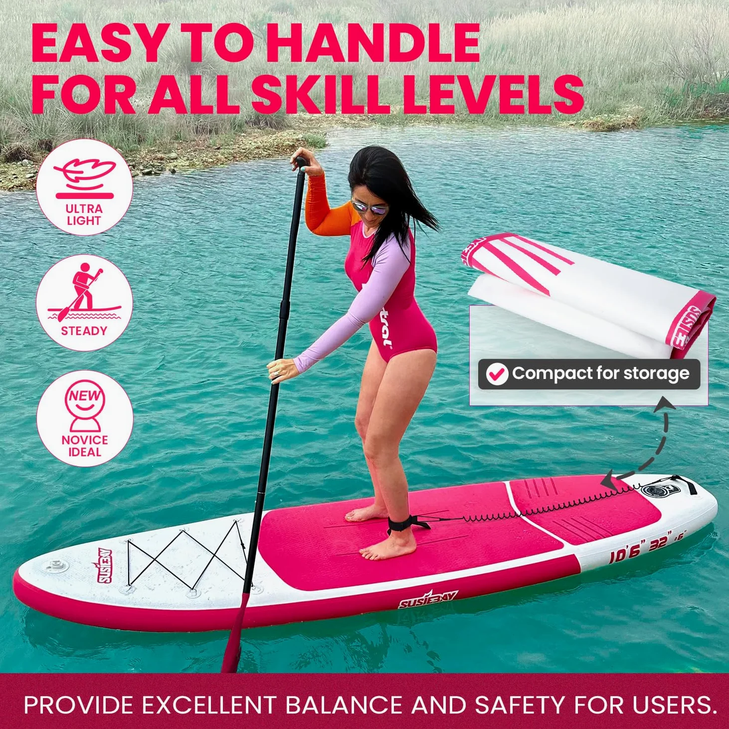 Tabla de remo inflable de pie, tabla de yoga rosa, tabla de remo para adultos, SUP para mujer, incluye bomba de doble acción, bolsa impermeable de 10 L
