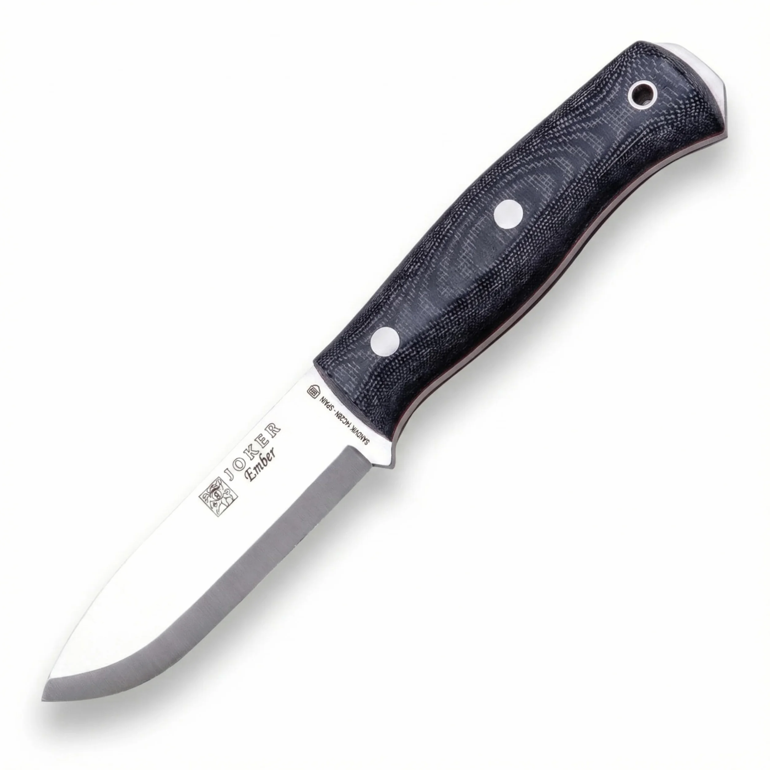 Joker Cuchillo de Supervivencia Ember Scandi CM122, hoja de 10,5 cms, mango Micarta Canvas, funda piel, incluye paracord, Herramienta de pesca, caza, camping y senderismo