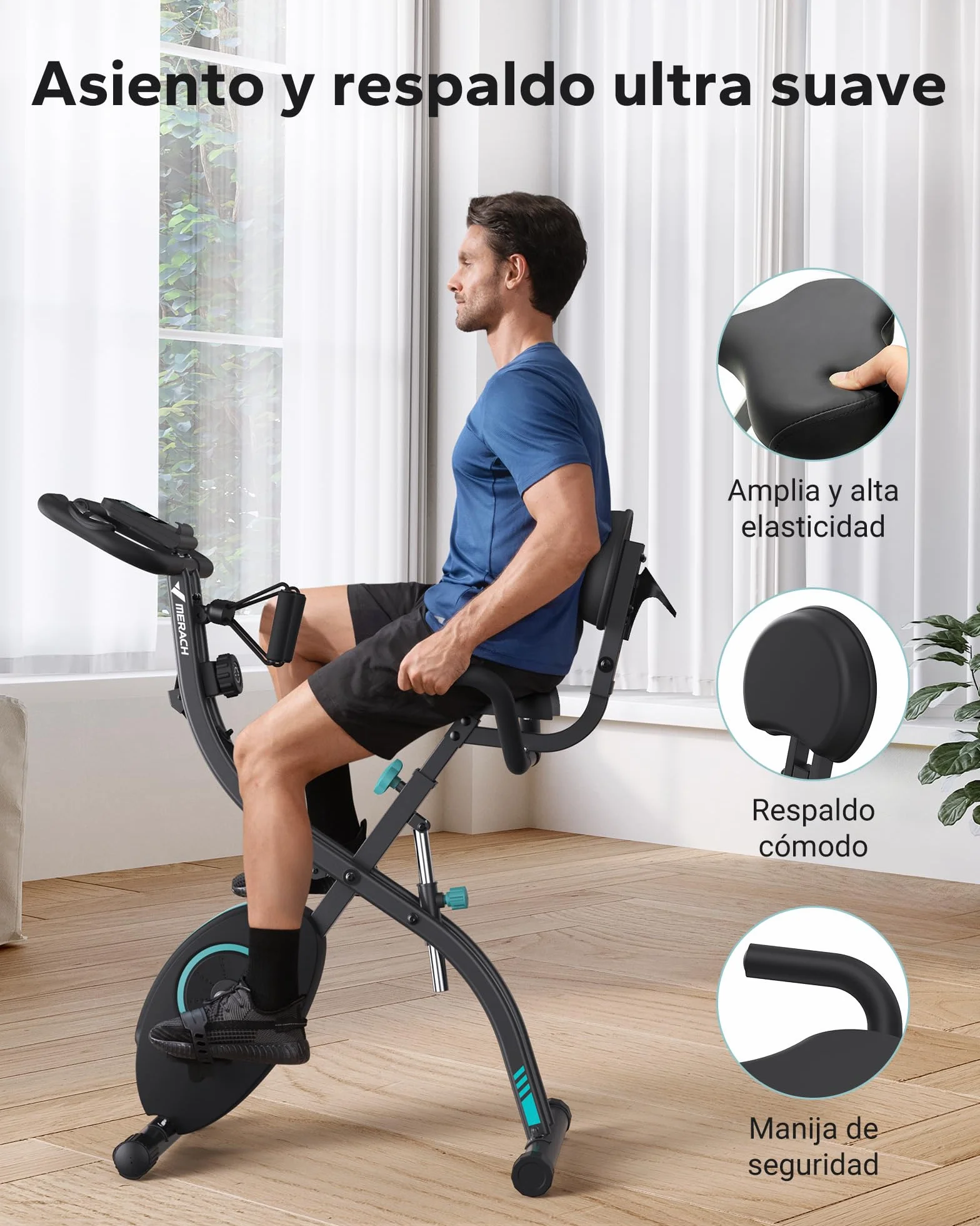 MERACH Bicicleta Estática 4 en 1 con App Entrenamiento, Bicicleta Estatica Plegable Silenciosa, Resistencia Magnética de 16 Niveles, Banda de Resistencia, Pantalla LCD, Medición Pulso, Asiento Cómodo