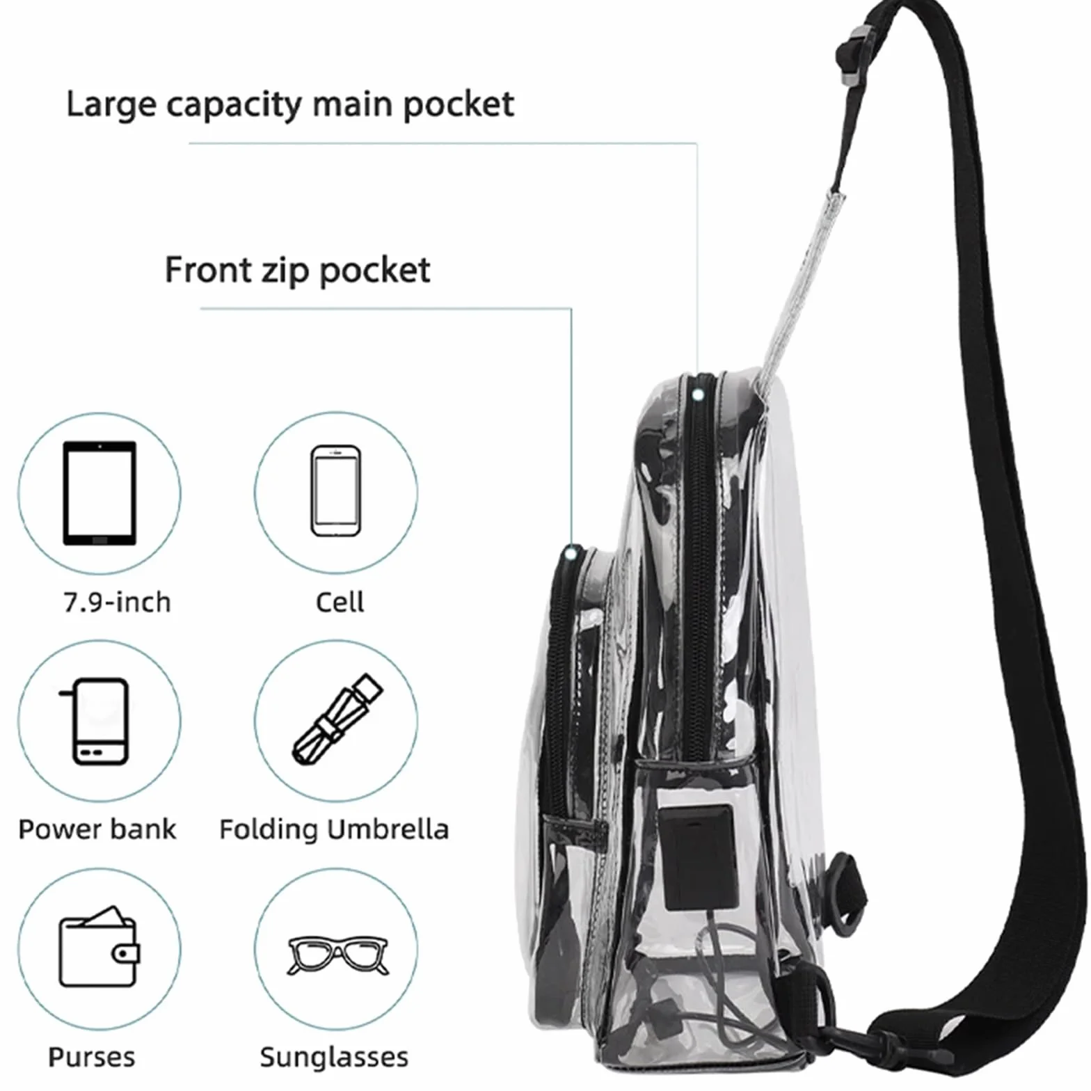 Morain Bolsas cruzadas, bolsa transparente aprobada por el estadio, mochila cruzada, mochila simple para el pecho, bolsa bandolera para eventos de estadio, conciertos, Black