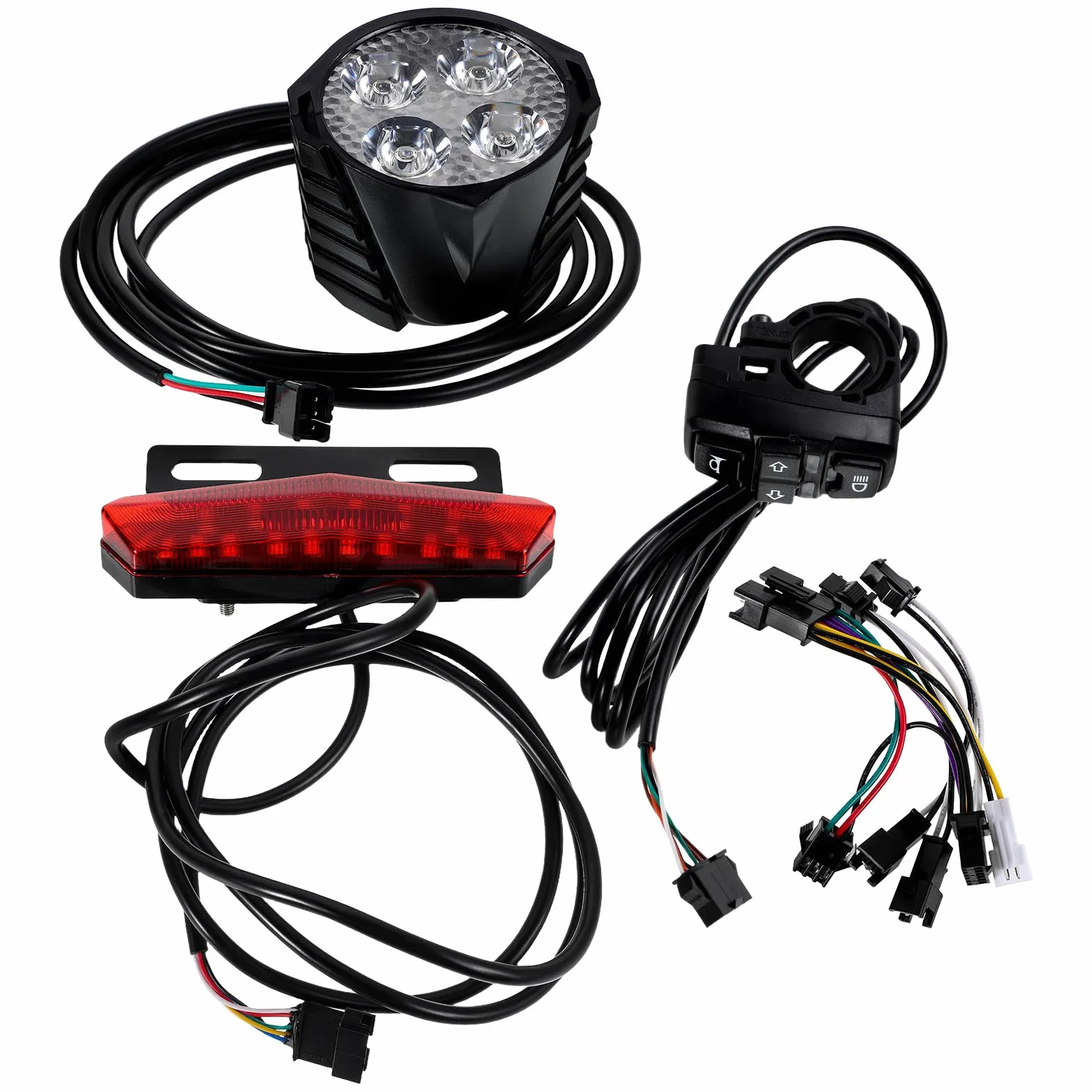 Kit Luces Bicicleta Eléctrica con Luz Delantera Led, Luz Trasera con Intermitentes y Botón Interruptor de Bocina para Señalización y Seguridad en Ciclismo Urbano