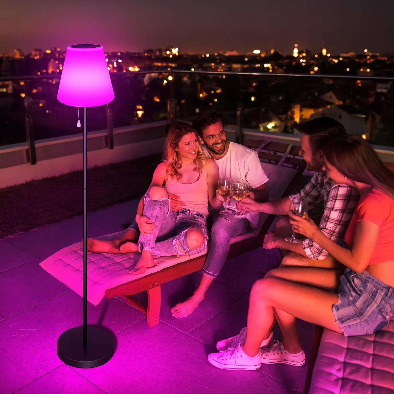 Lámpara de pie solar exterior IP65 resistente al agua USB recargable brillo regulable blanco cálido RGB inalámbrica terraza