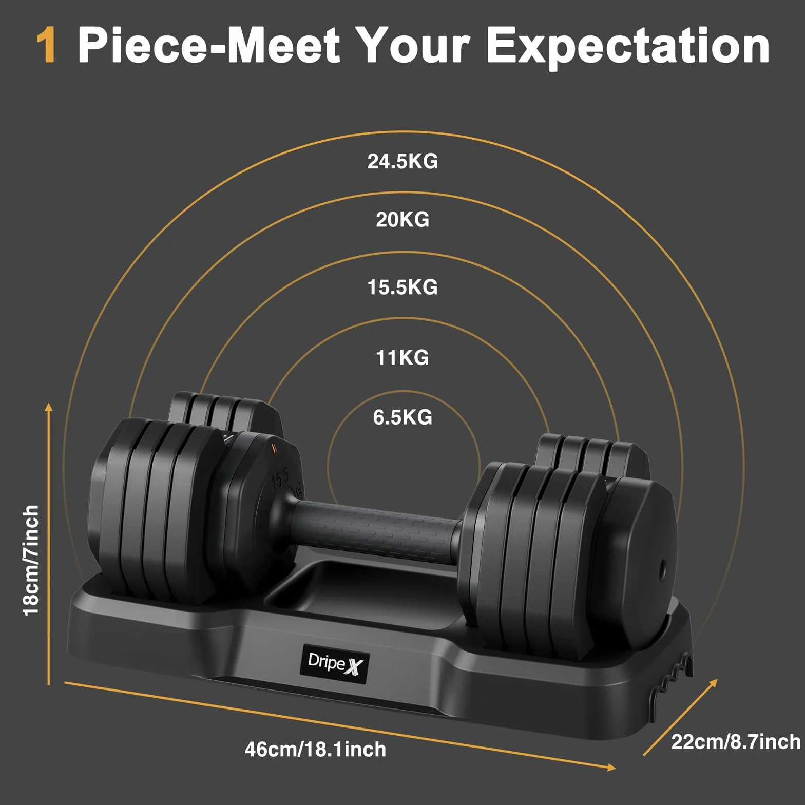 Dripex Mancuernas Ajustables, 11 kg/24,5 kg, 5/10 en 1 Juego de Pesas y Mancuernas, Ajuste Rápido con Base, Ahorran Espacio para Entrenamiento en Casa y Gimnasio