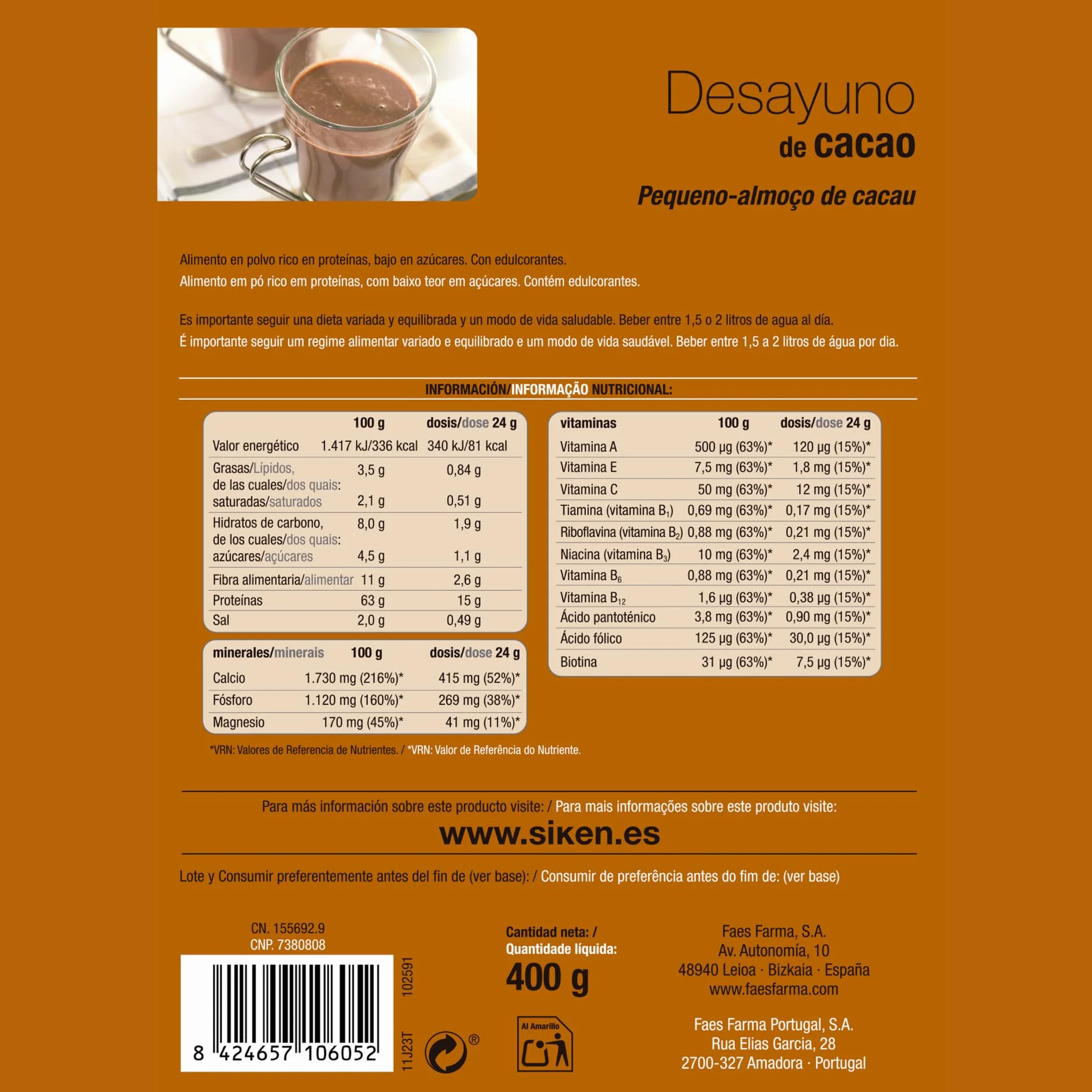 Siken Diet Desayuno de Cacao Hiperproteico e Hipocalórico 400 g