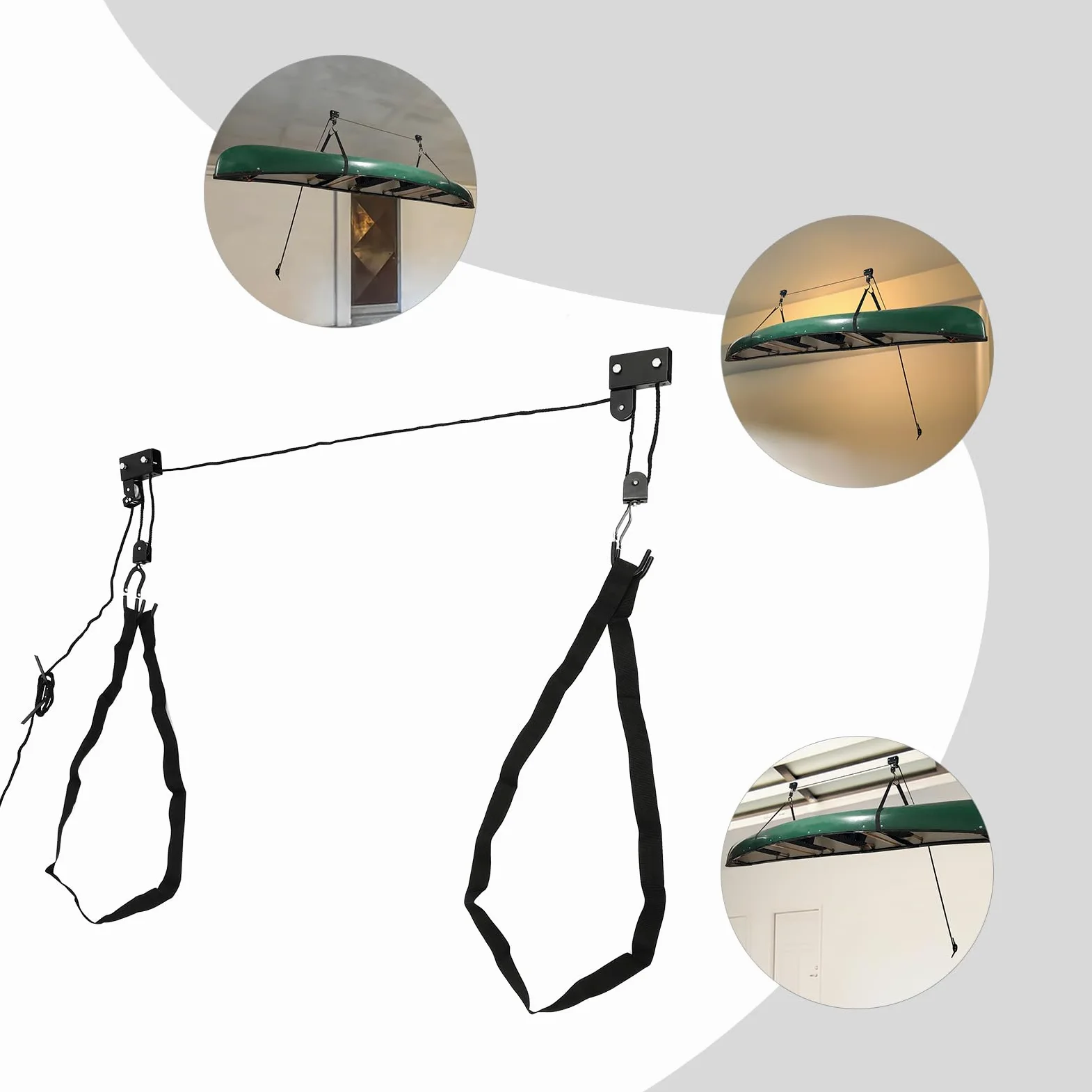 Sistema de polea superior para kayak, elevador de techo para kayak, kayak y canoa con cuerda resistente para colgar en la parte superior para canoas, escaleras de bicicletas y más con 57