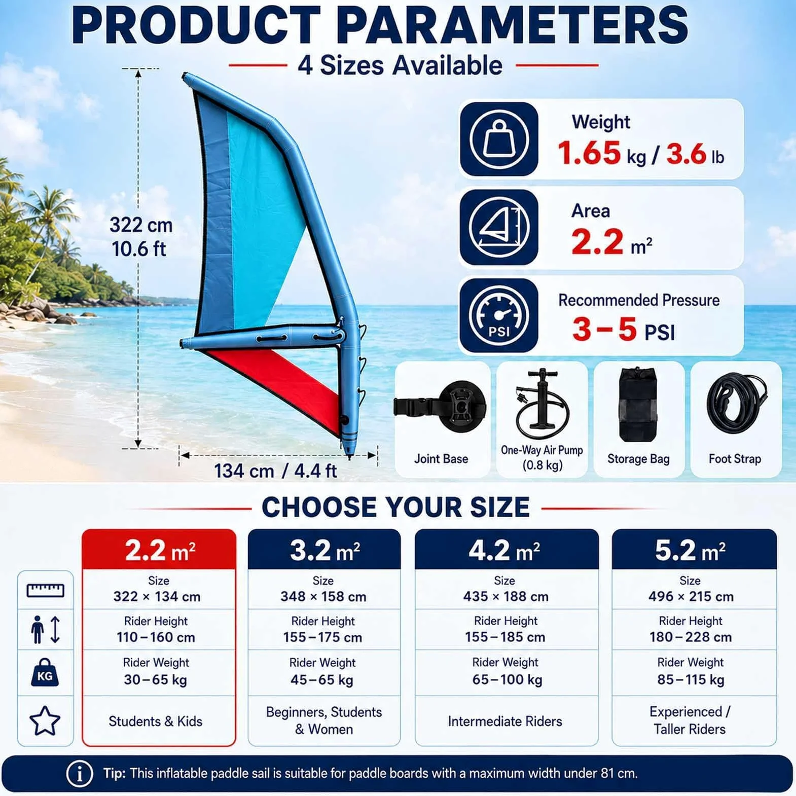 Vela Manual Hinchable 2,2/3,2/4,2/5,2㎡ para Sup 4.2m | Cuatro Tallas para Niños, Principiantes, Estudiantes, Riders Intermedios y Adultos Altos con Experiencia