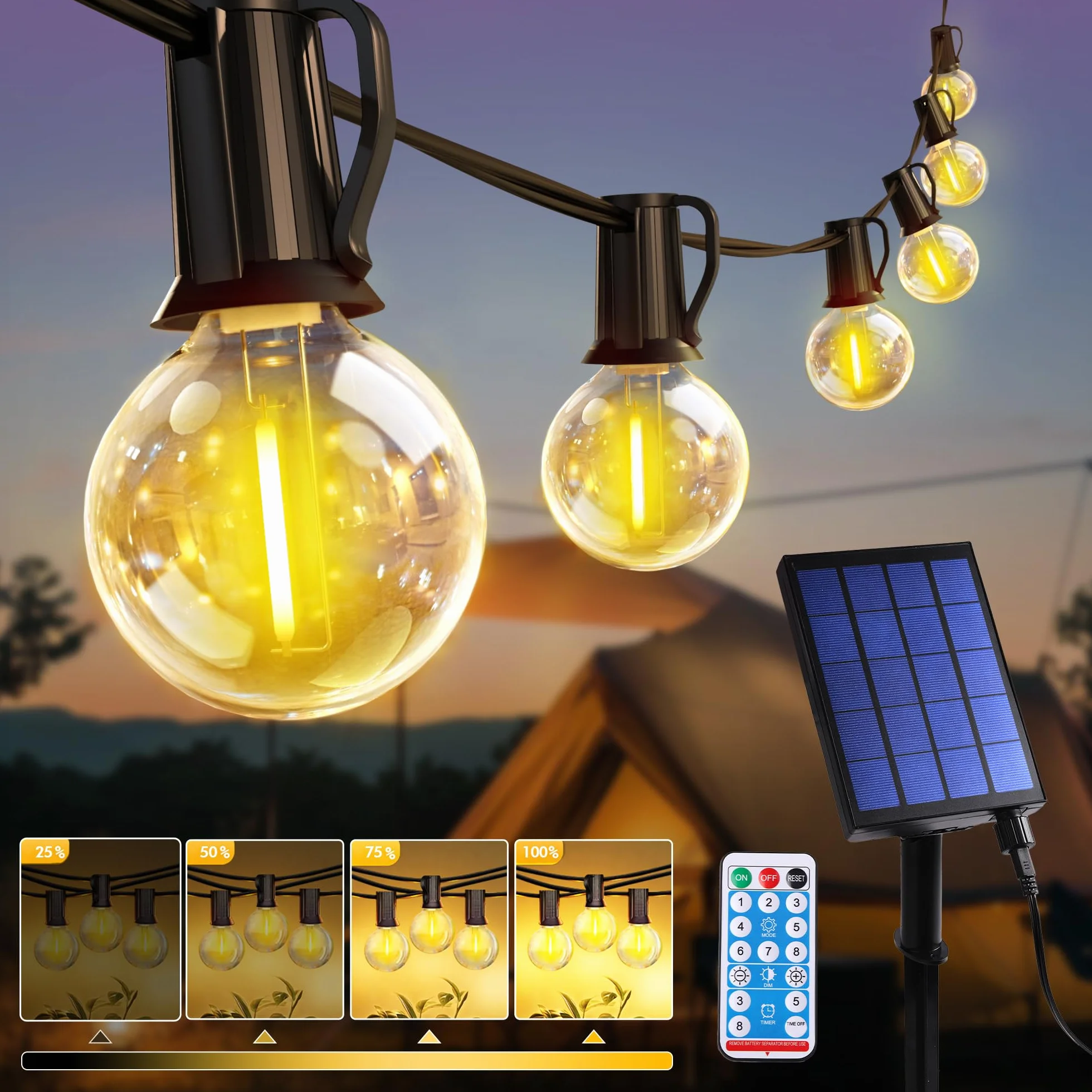 Guirnaldas Luces Exterior Solar 15M 25+3 LED G40 Impermeable IP44 3600 mAh 8 Modos Control Remoto