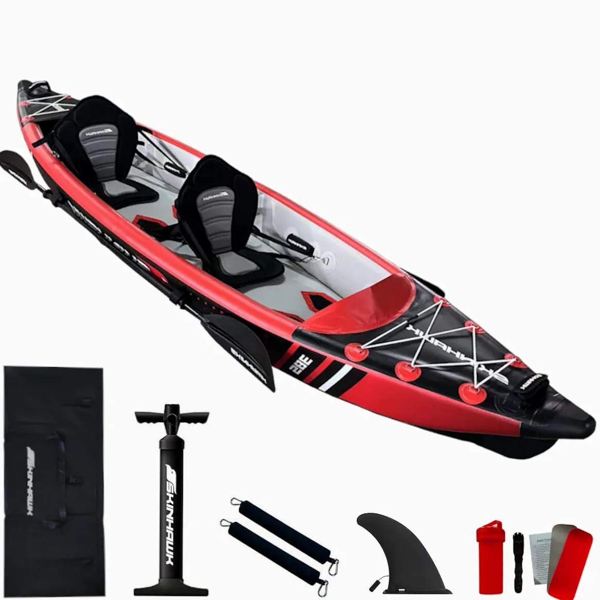 Skinhawk Premium Full Drop Stitch Kayak 385 Rojo Inflable Canoa para Inflable, Kayak de Aventura, 385 x 85 cm