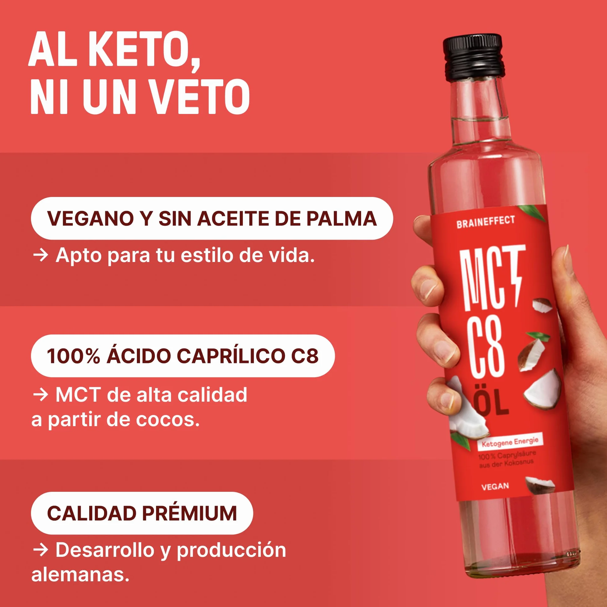 BRAINEFFECT Aceite MCT 100% C8 1000 ml Botella metálica protectora