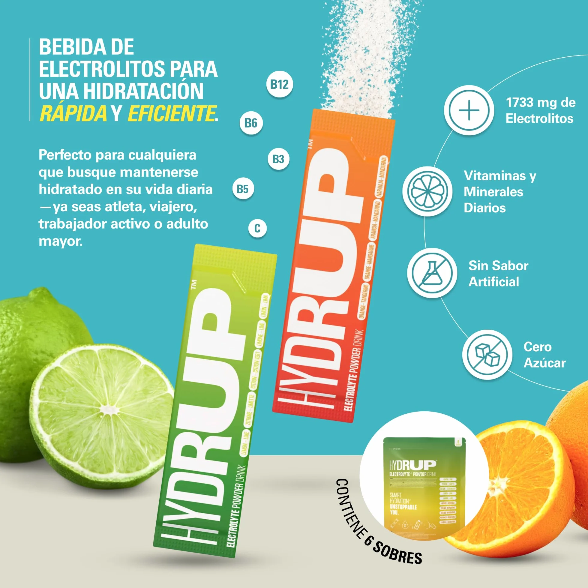 Electrolitos Sin Azucar en Polvo 1733 mg Hidratacion Naranja-Mandarina Lima-Limon Vitaminas Minerales 6 Unidades