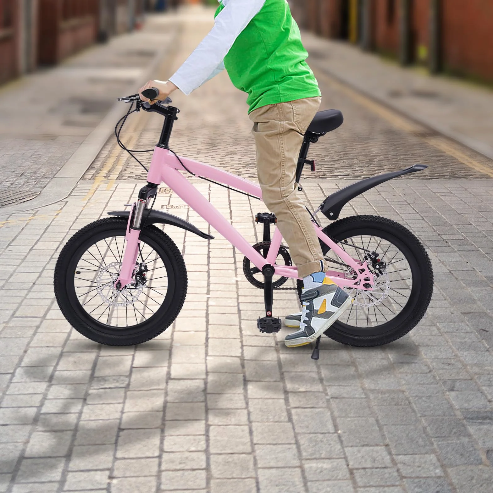 Bicicleta de montaña 18 pulgadas niños guardabarros reflectores freno pedal rosa negro
