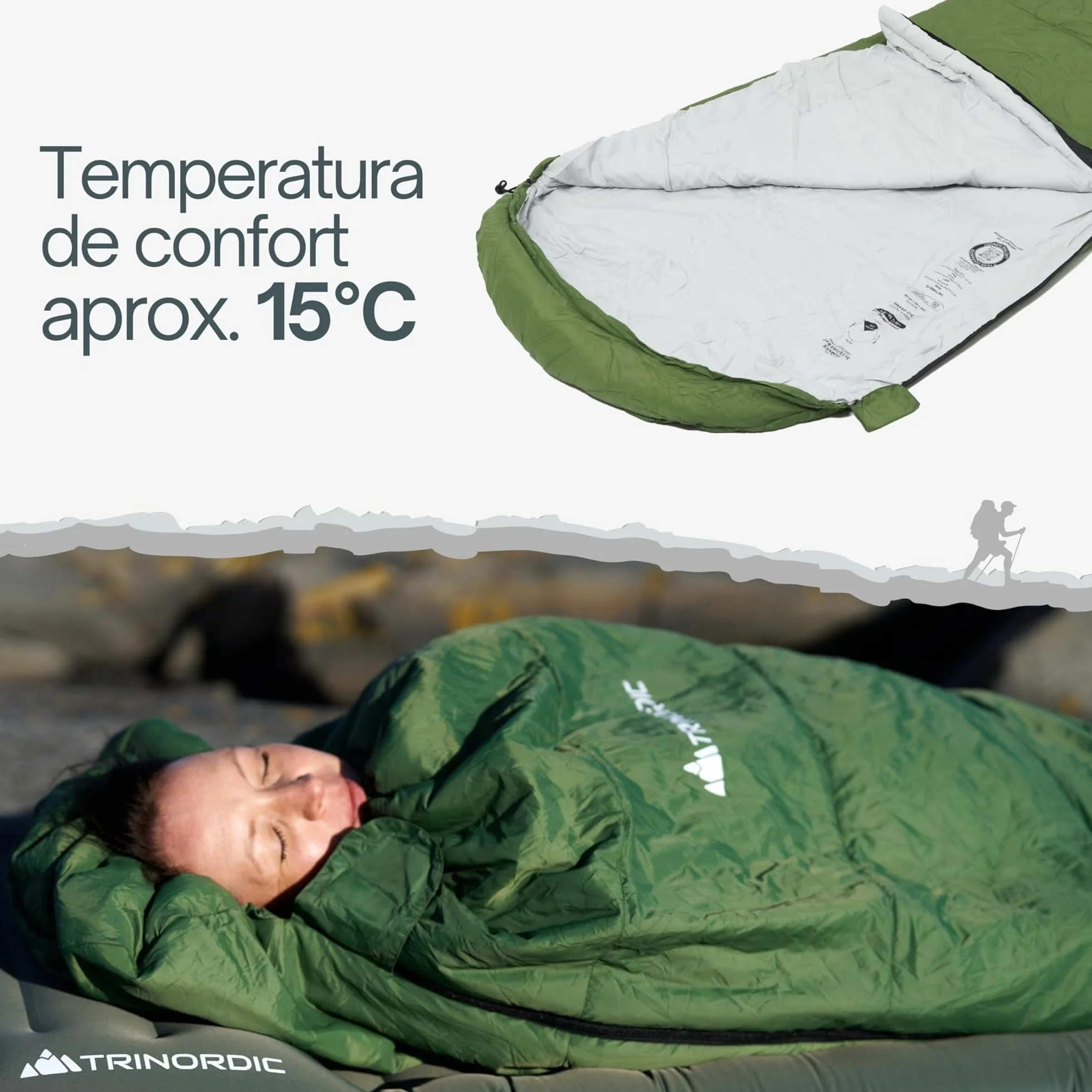 Trinordic Saco de Dormir Ligero – con Cremallera Anti-Enganches – Sacos de Dormir Adulto, Compactos y Ultraligeros para Senderismo, Mochilero, Aventuras en Bicicleta y Acampada