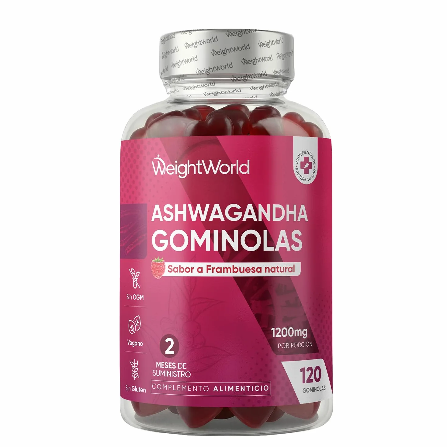 Ashwagandha Gominolas 1200mg 120 Gomitas Veganas Sabor Frambuesa Suplemento Ayurveda Withania Somnifera Sin Gluten OGM