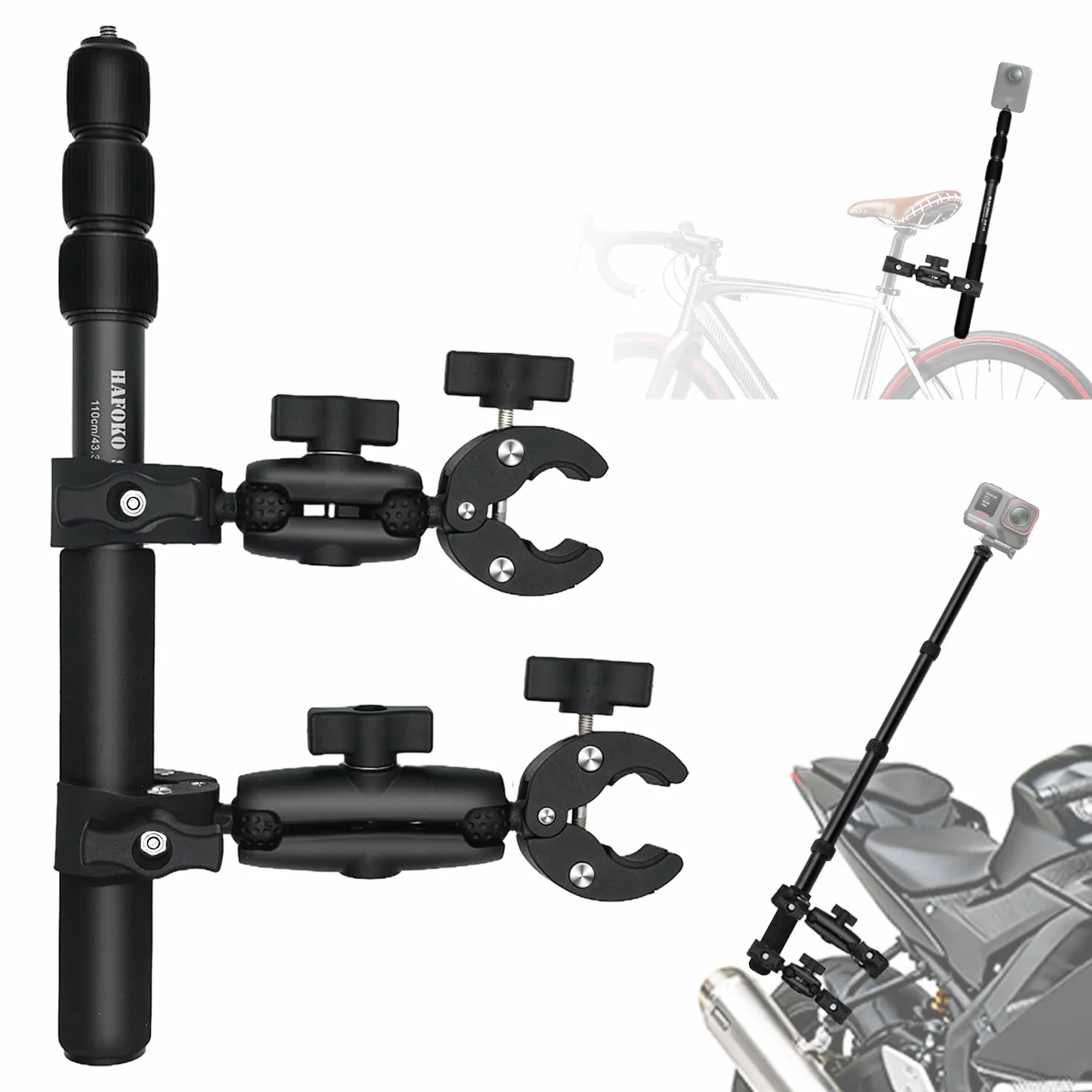 Moto Cámara Montaje Kit con Osmo 360 Osmo Nano, Bicicleta Doble Abrazaderas Manillar Soporte con 43" Palo Selfie Invisible compatible con Insta360 X5-X para UTV y Vlogging Registros de Conducción