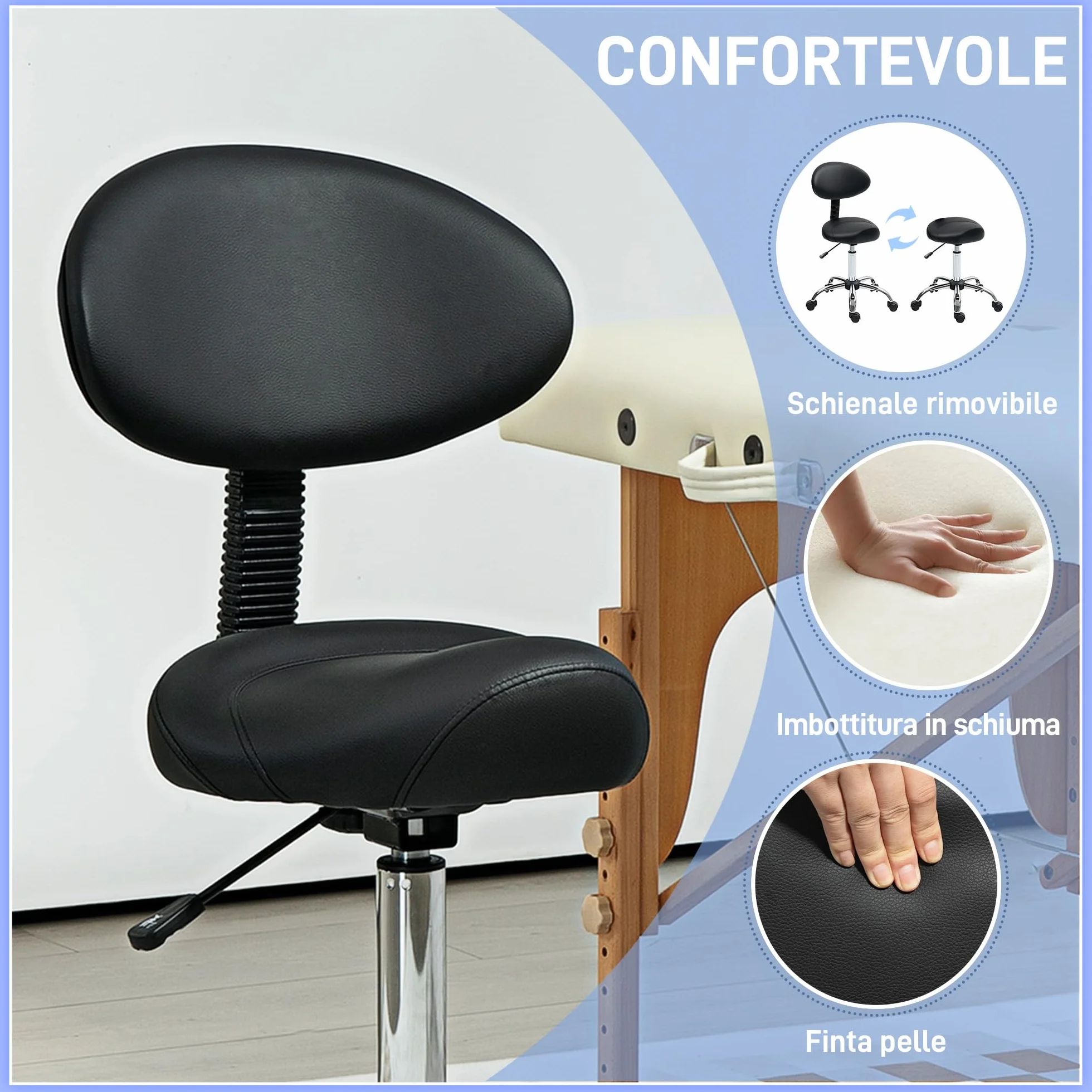 HOMCOM Taburete Giratorio con Ruedas, Respaldo Extraíble, Altura Regulable 83-98 cm, Cuero Sintético, Negro