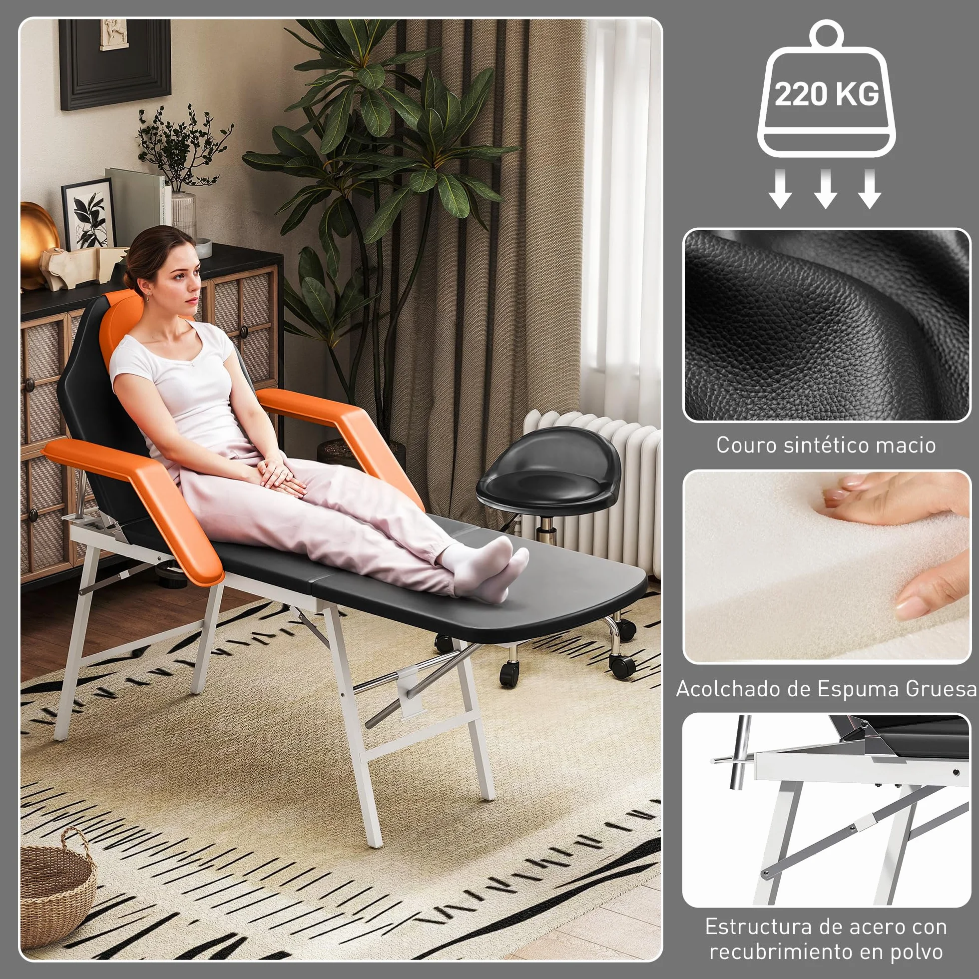 HOMCOM Camilla Masaje Plegable Portátil 3 Zonas Respaldo Soporte Piernas Ajustables Reposacabezas Extraíble Reposabrazos Acolchados SPA 182x82 cm Naranja
