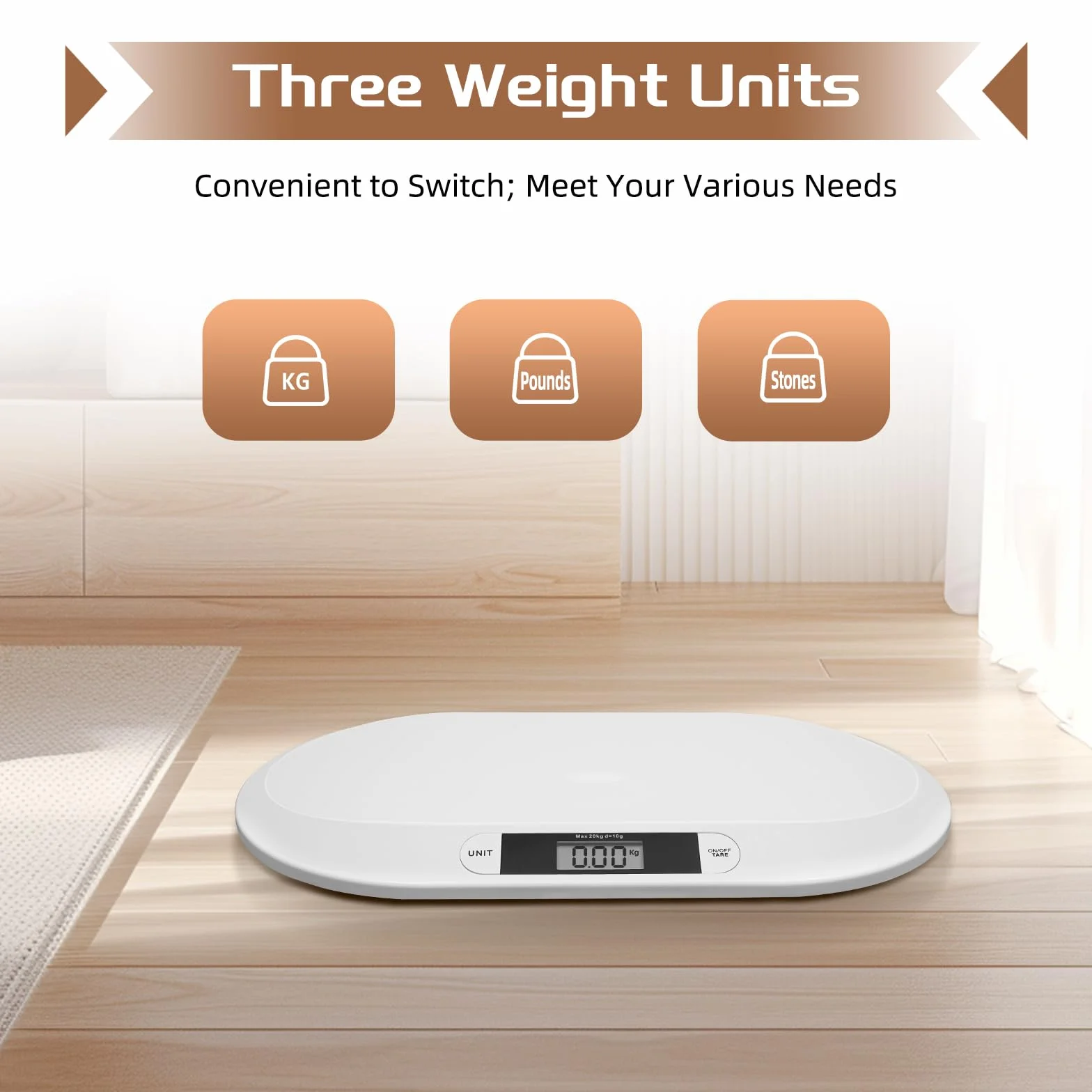 Báscula digital para bebés 20 kg pantalla LCD función tara kg/lbs/st blanco