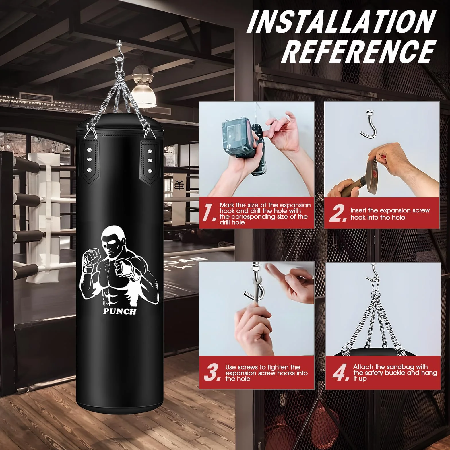 Saco de boxeo colgante para saco de boxeo sin relleno de pera de boxeo Muay Thai, juego con guantes de boxeo, cadena, ganchos de techo para adultos, jóvenes, niños, kickboxing, muay tailandés, karate