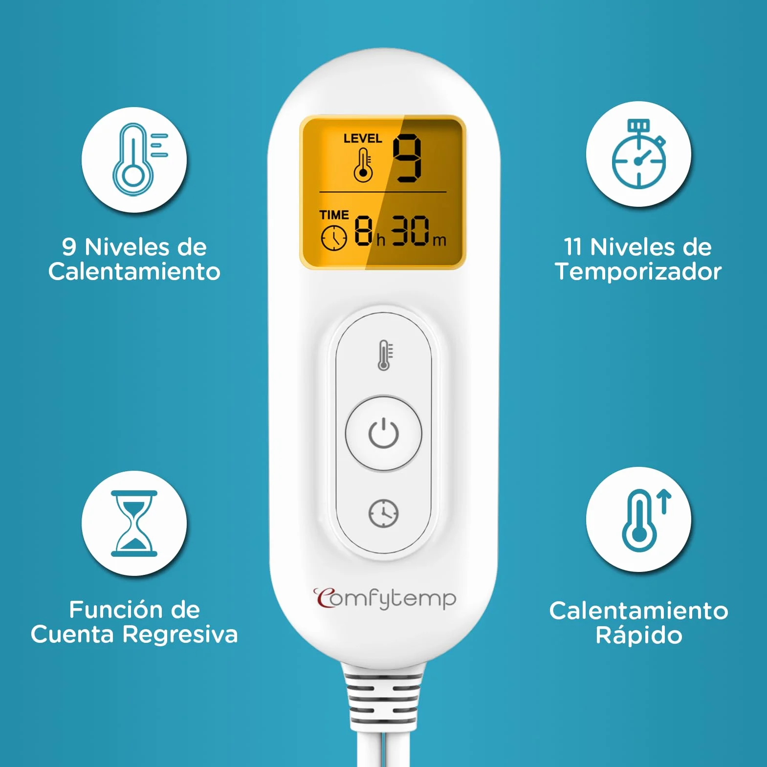 Comfytemp Almohadilla Electrica Lumbar 39x61 cm 9 Niveles de Temperatura 11 Temporizadores Lavable