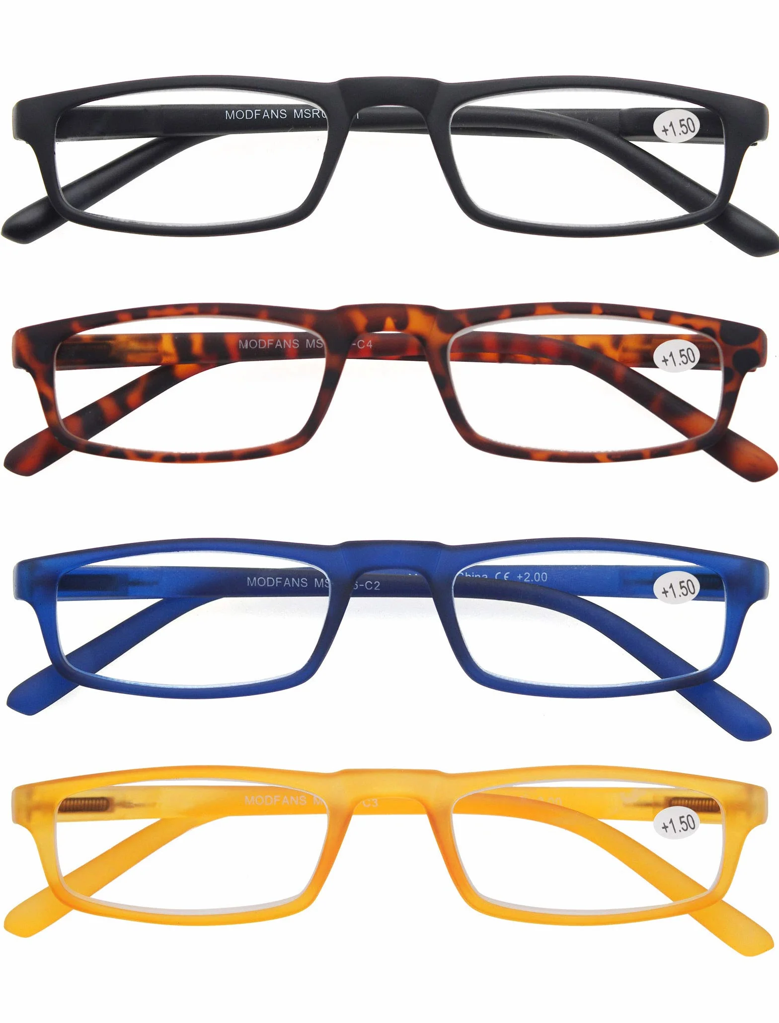 MODFANS Pack de 4 Gafas de Lectura para Hombre Mujer Lente Clara Visión Clara Negro Azul Marrón Amarillo