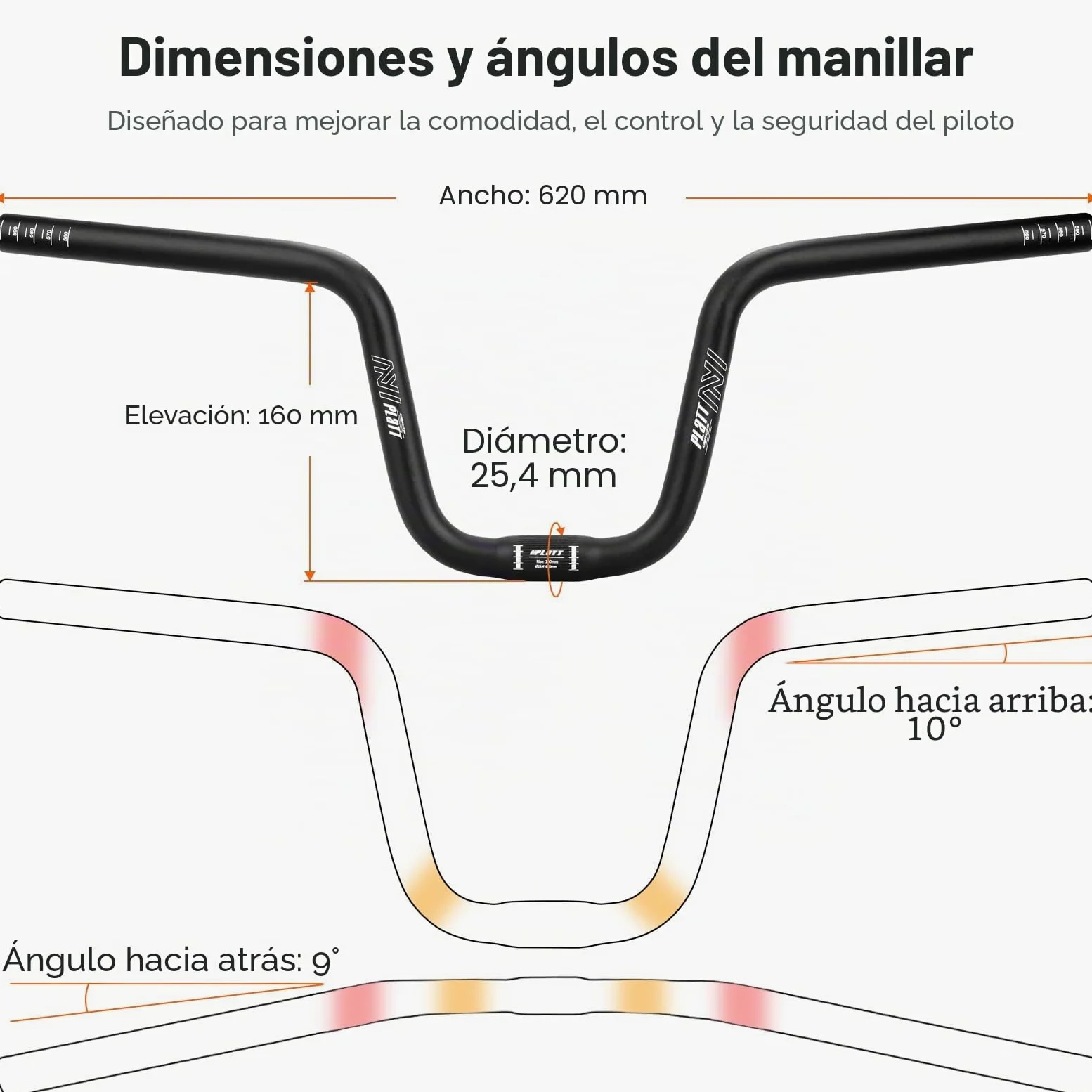 PLATT Manillar de bicicleta 25,4/31,8 * 620/780, manillar elevador de bicicleta de montaña de aleación de aluminio ligero, ideal para MTB (25,4mm-620mm, 160mm Rise)