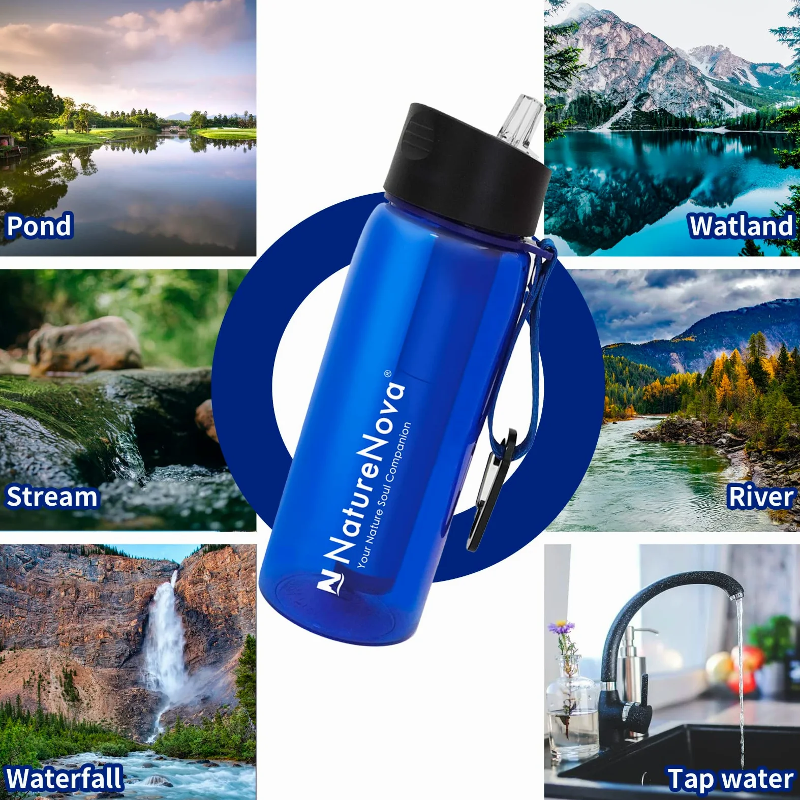 Botella de filtro de agua con filtro integrado de 4 etapas sin BPA para camping, senderismo, mochilero, emergencia y viajes, paquete de 2 unidades, negro/azul, 650 ml