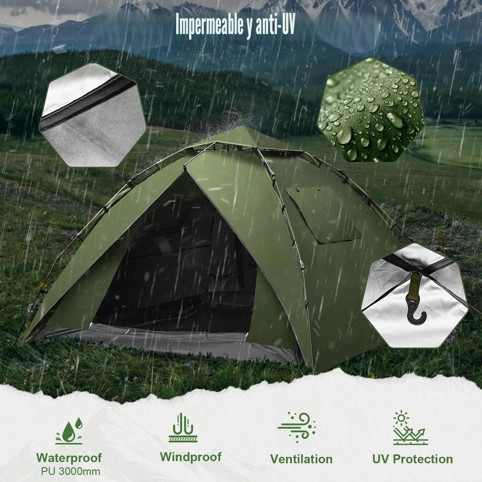 Tienda de campaña Automática para 4 Personas 230 * 230 * 150CM Pop Up Tienda instantánea para 4 Estaciones Protección UV 2 en 1 Doble Capas Tienda Campismo Plegable Familia Cúpula Carpa