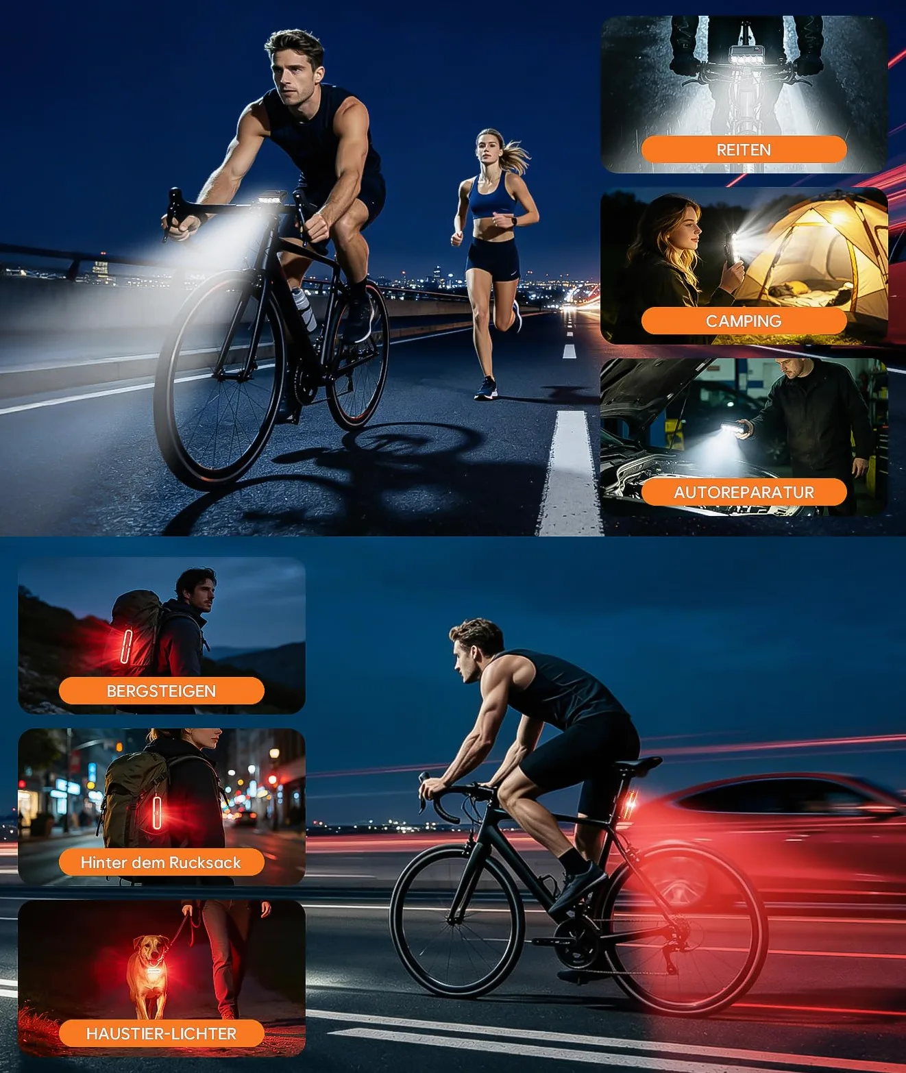 Juego de luces para bicicleta con soporte para GoPro/ordenador de bicicleta, homologación StVZO, USB-C, recargable, antirreflejos, 3 LED faros y luz trasera con luz de freno, IP65 resistente al agua