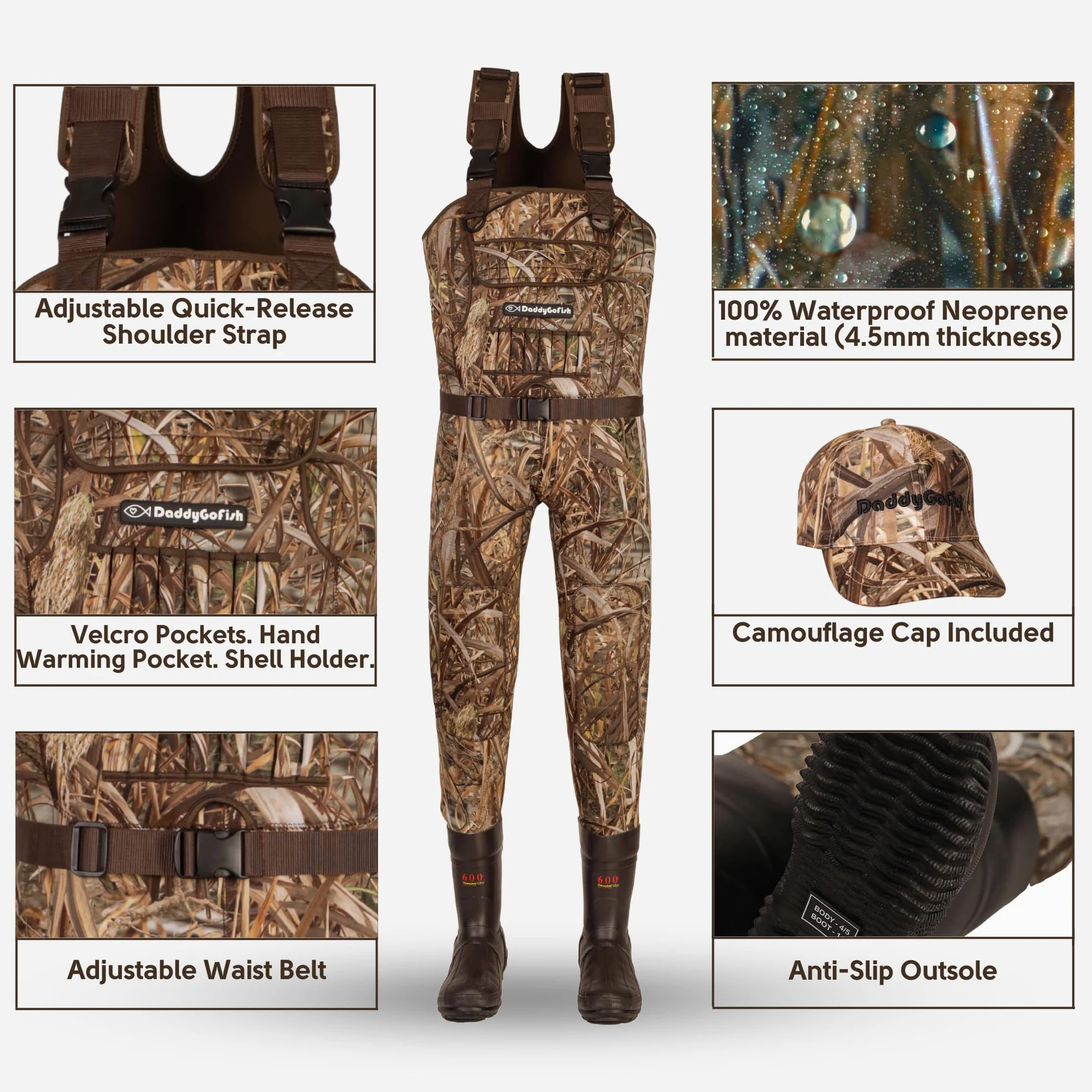 DaddyGoFish Vadeadores De Pecho De Neopreno para Niños Y Adultos, Bootfoot, Pesca Y Caza con Gorras De Camuflaje Y Colgador De Vadeador