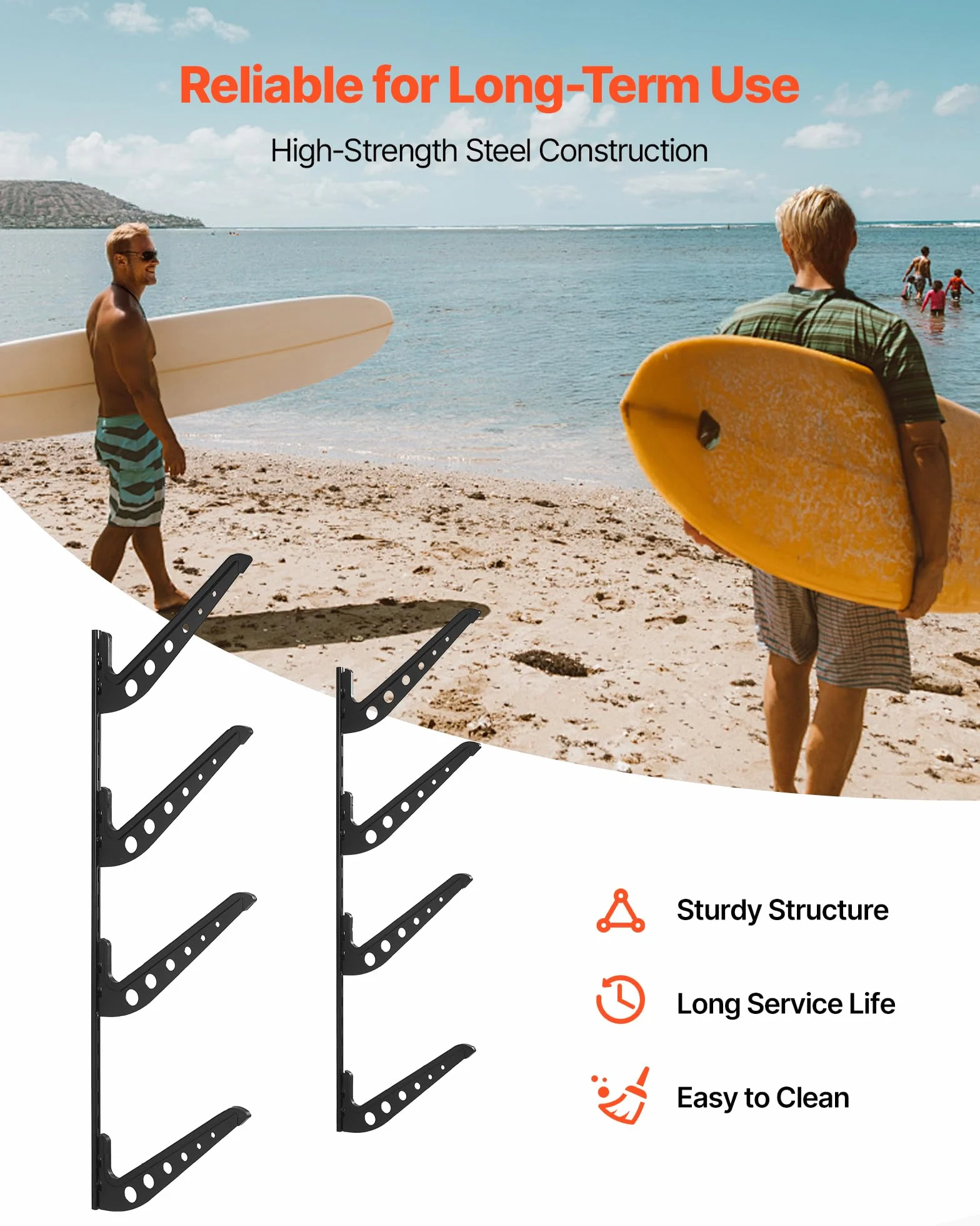 VEVOR Soporte de Pared para Tablas de Surf, Soporte Horizontal para Tablas de Surf de 4 Niveles para Almacenamiento y Exhibición, Organizador Ajustable para Kiteboards, Esquís y Snowboards, Negro
