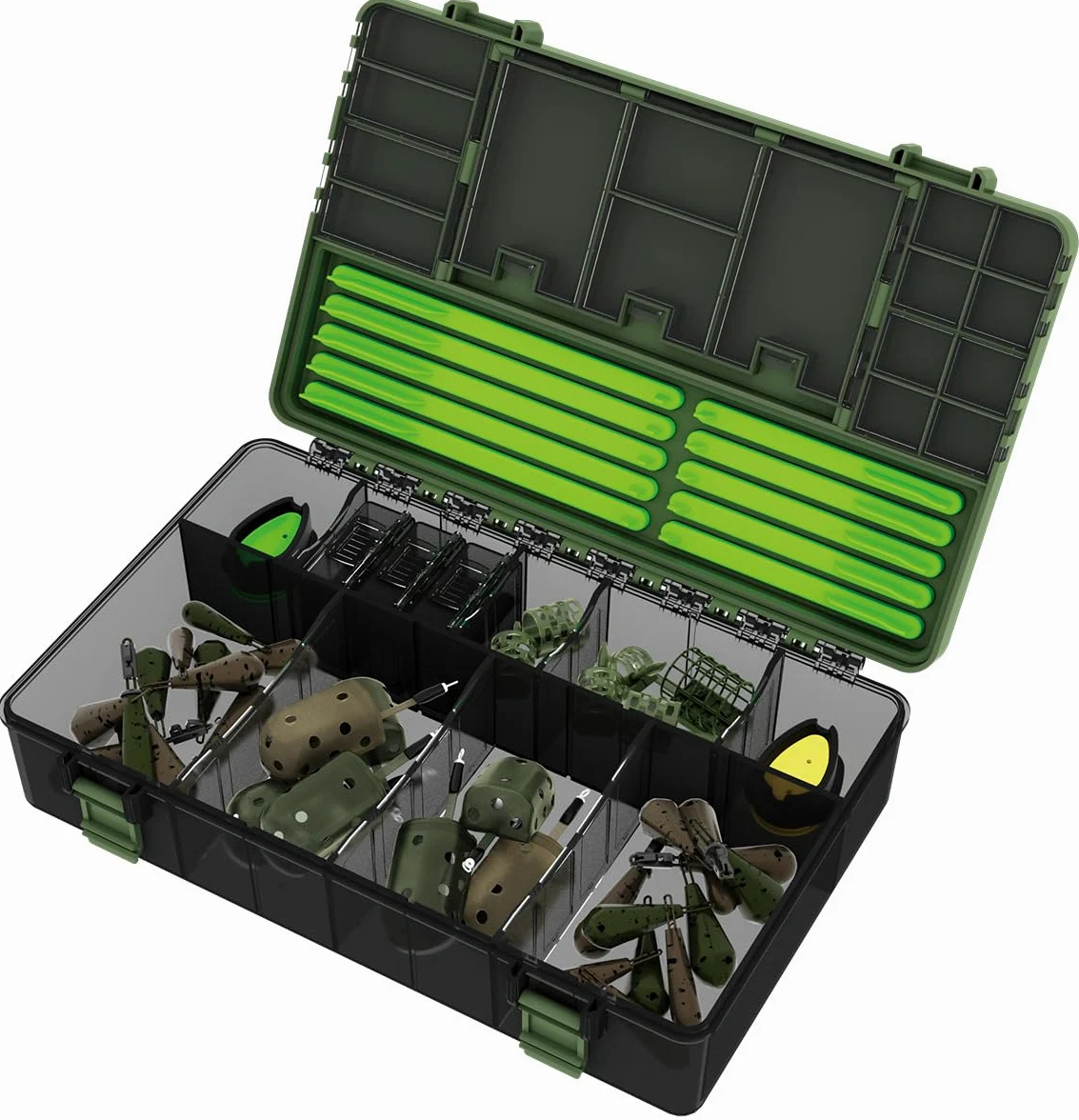 Haldorádó Feeder Pro Box - Caja organizadora profesional de aparejos de pesca y aparejos | Almacenamiento de alimentador de método de alto impacto con 10 escaleras de aparejo, 16 compartimentos