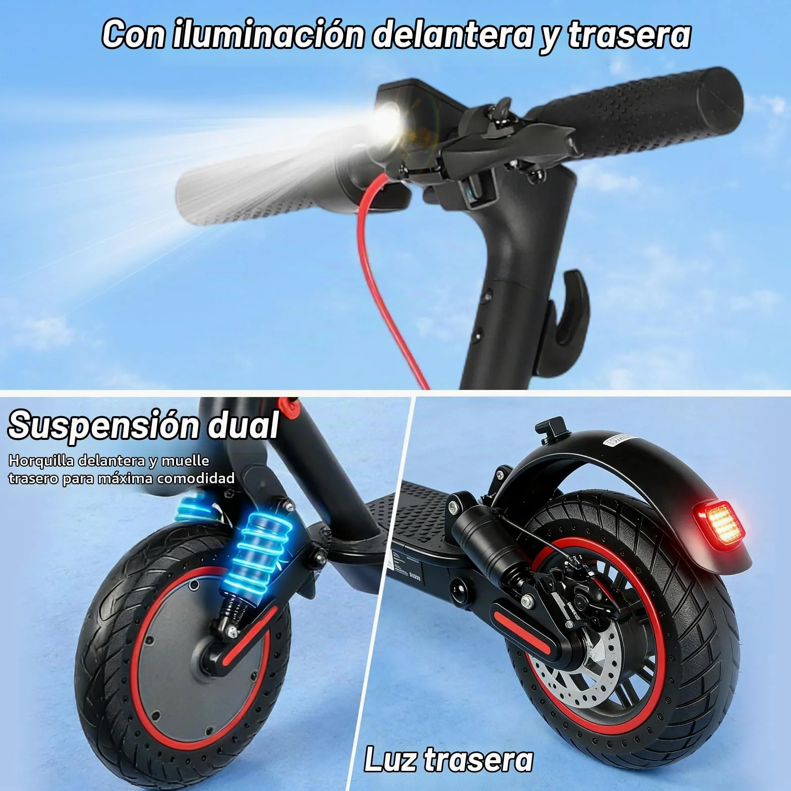 Patinete Eléctrico Adultos 350W, Velocidad Máx 25 km/h, Autonomía 25-30 km, Ruedas Antipinchazos de 10", Doble Suspensión, Freno Electrónico + Freno de Disco, Plegable, Carga Máx 120 kg, IPX5