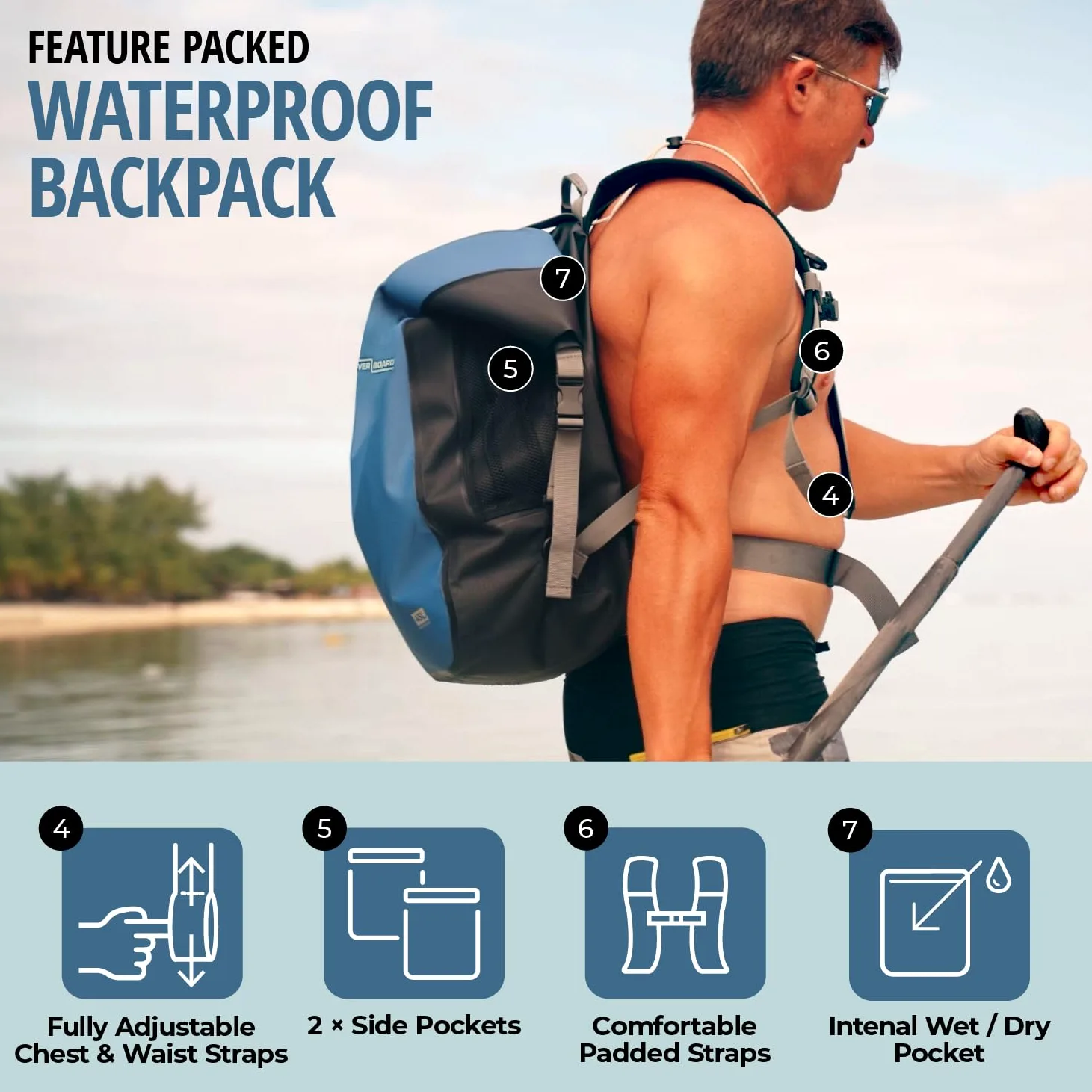 Overboard Mochila impermeable azul de 45 litros | Bolsa seca flotante enrollable para kayak, playa, canotaje, senderismo, pesca, rafting | Incluye funda impermeable para teléfono y organizador de