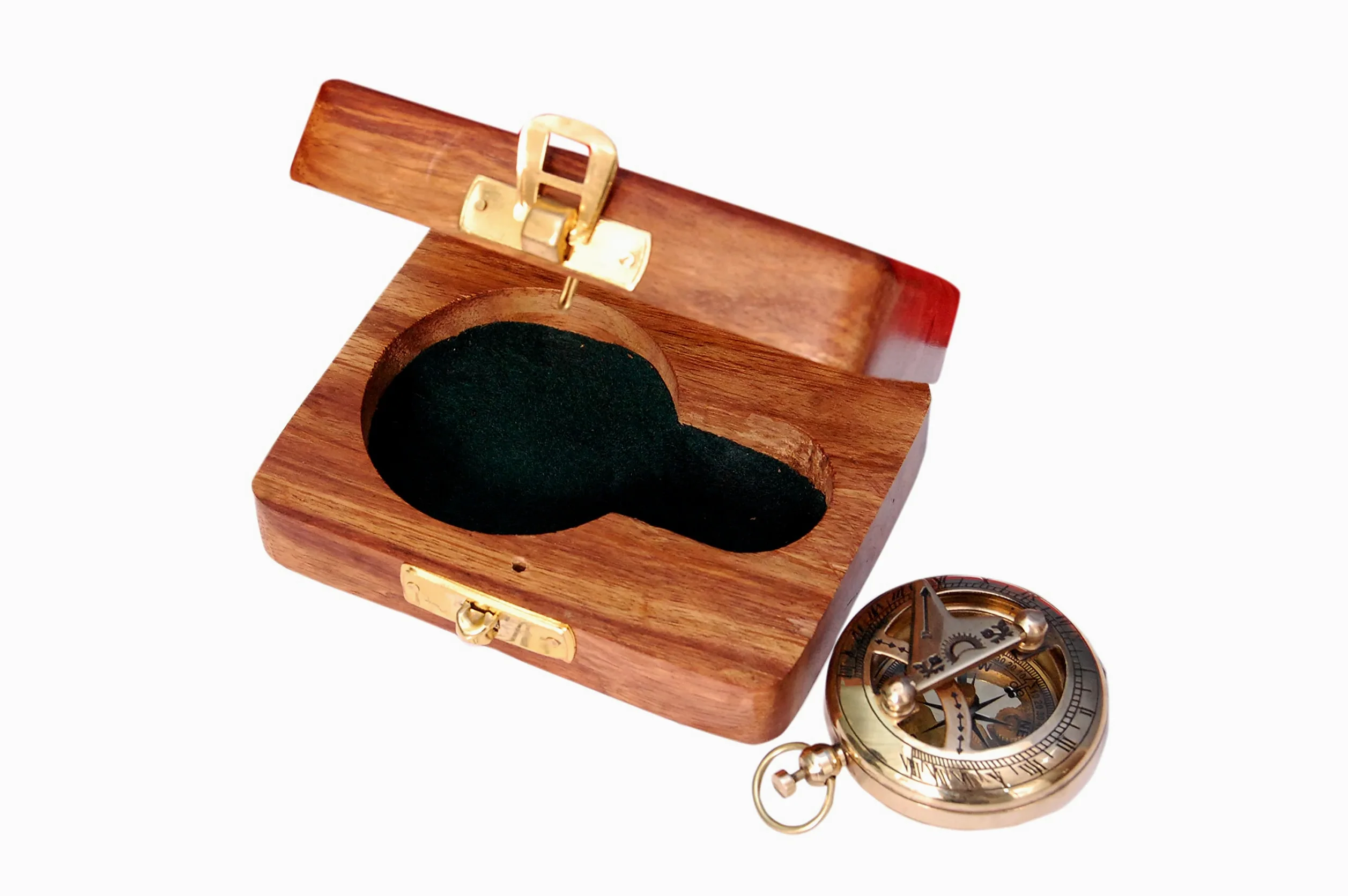 Brújula náutica de latón con caja de madera, reloj solar de latón antiguo y cobre para camping, senderismo, turismo, regalo grabado para él, reloj náutico, regalo de brújula