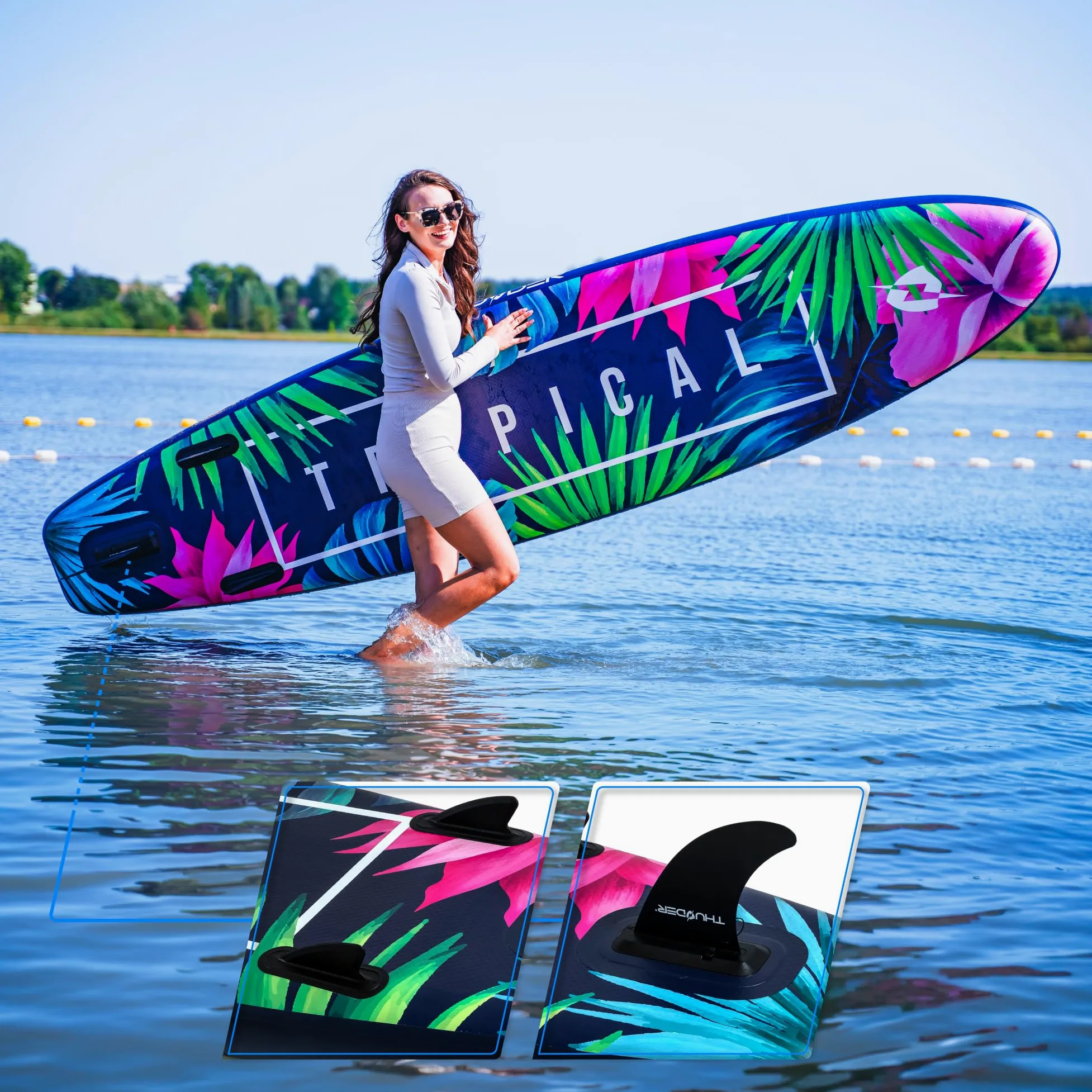 THUNDER Tabla de Sup Inflable de 320 cm con Asiento de Kayak – Set de Stand Up Paddle Board con Bomba, Remo y Mochila – Antideslizante para Adultos y Principiantes