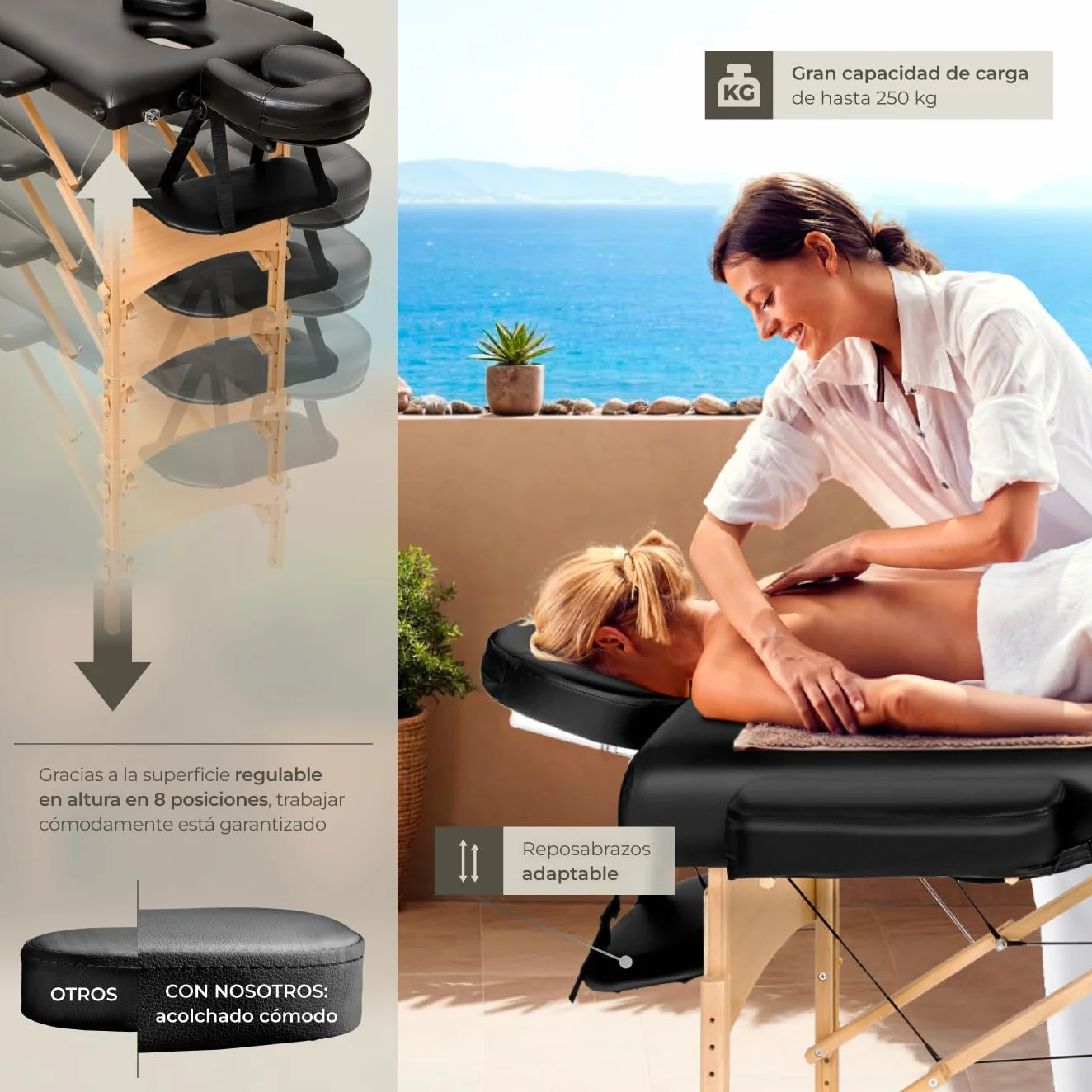 Tectake Camilla Masaje Plegable de Aluminio Profesional para Fisioterapia, Altura Ajustable, 3 Zonas, con Bolsa Transporte - Negro