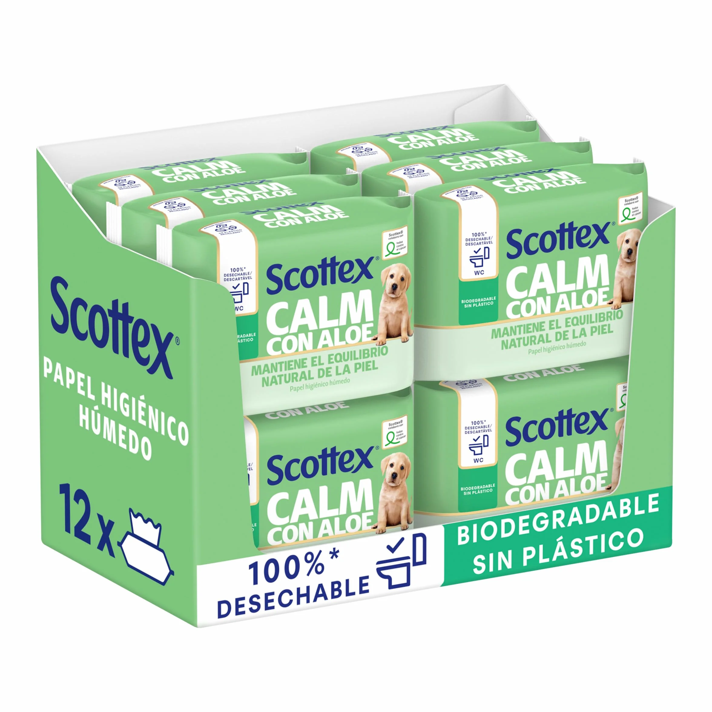 Scottex Papel Higiénico Húmedo con Aloe Vera y Prebióticos, Biodegradable, Caja 12x66 Servicios