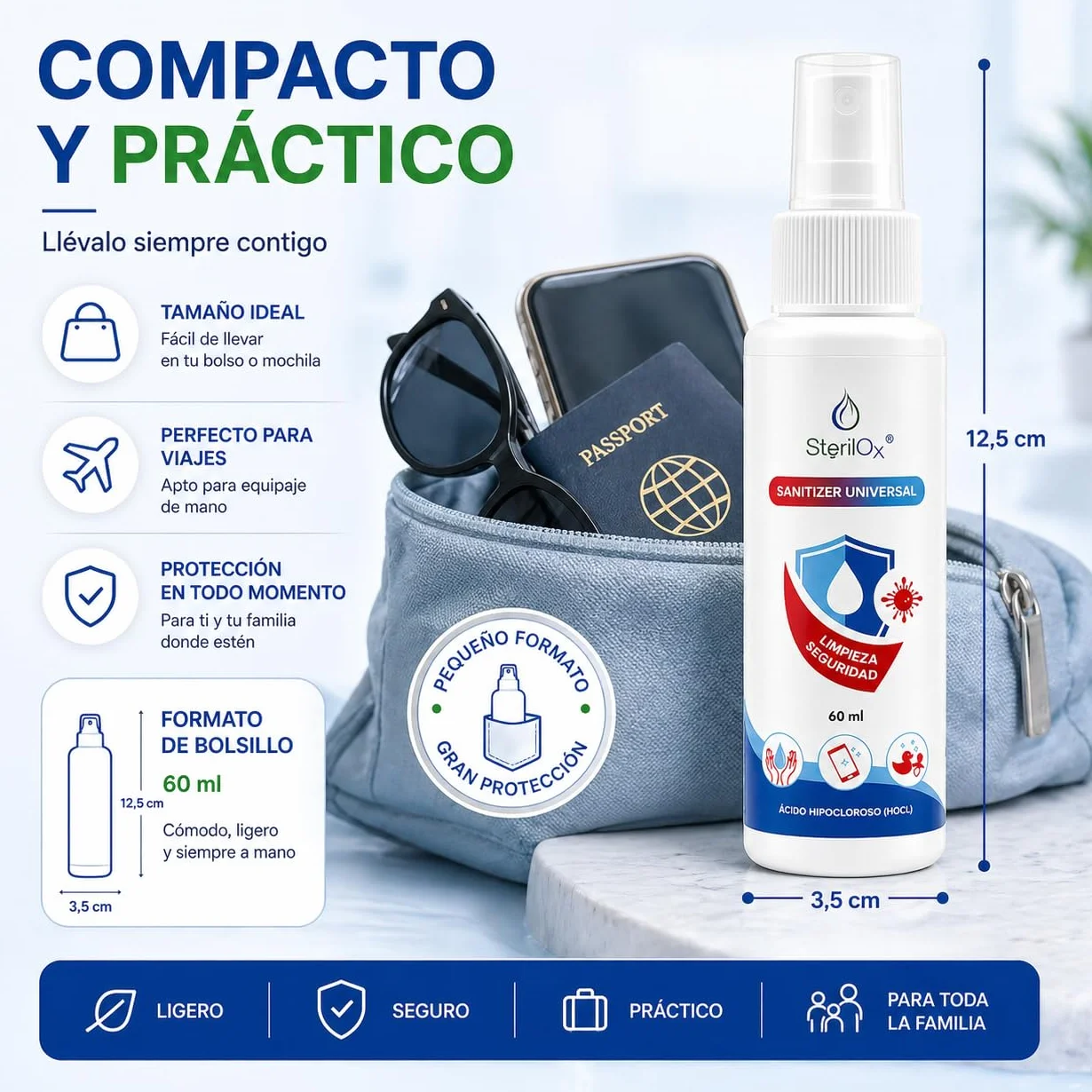 Spray 3 x 60 ml Solución Cosmética con Ácido Hipocloroso para Manos, Juguetes, Utensilios - Seguro para Niños y Mascotas