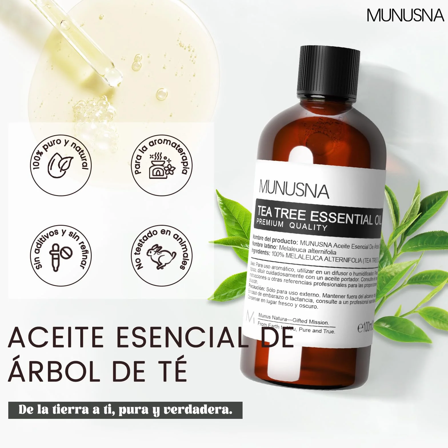 MUNUSNA Aceite Esencial de Árbol de Té 100% Puro 100ml para Puntos Negros, Granos, Cabello y Uñas