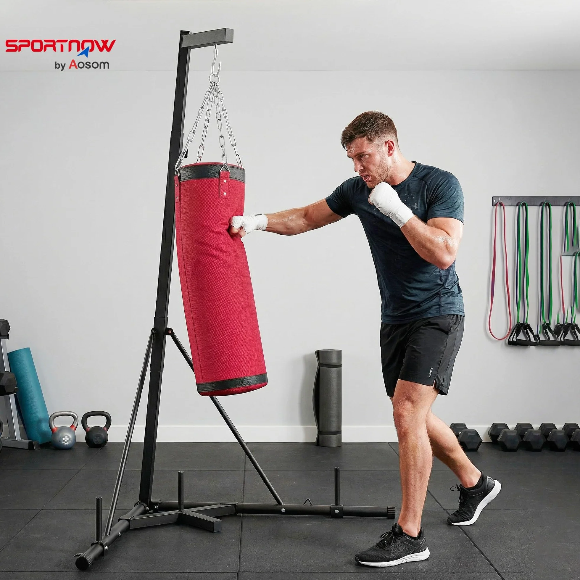 SPORTNOW Soporte para Saco de Boxeo de Pie de Acero, Soporte para Bolsa de Boxeo con Altura Ajustable 175–220 cm y 185–231 cm, Base Pesada y Bolsa de Arena, Entrenamiento para MMA, Gimnasio en Casa