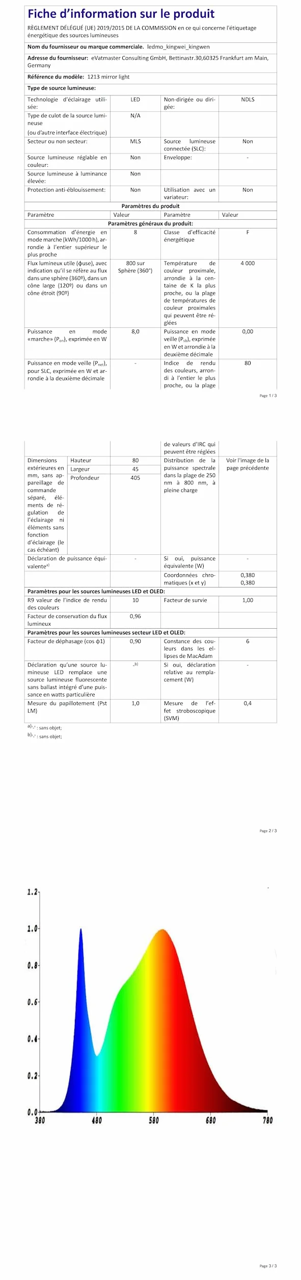 Kingwen Lámpara LED de Espejo 8W 40cm Blanco Frío 6500K IP44 230V