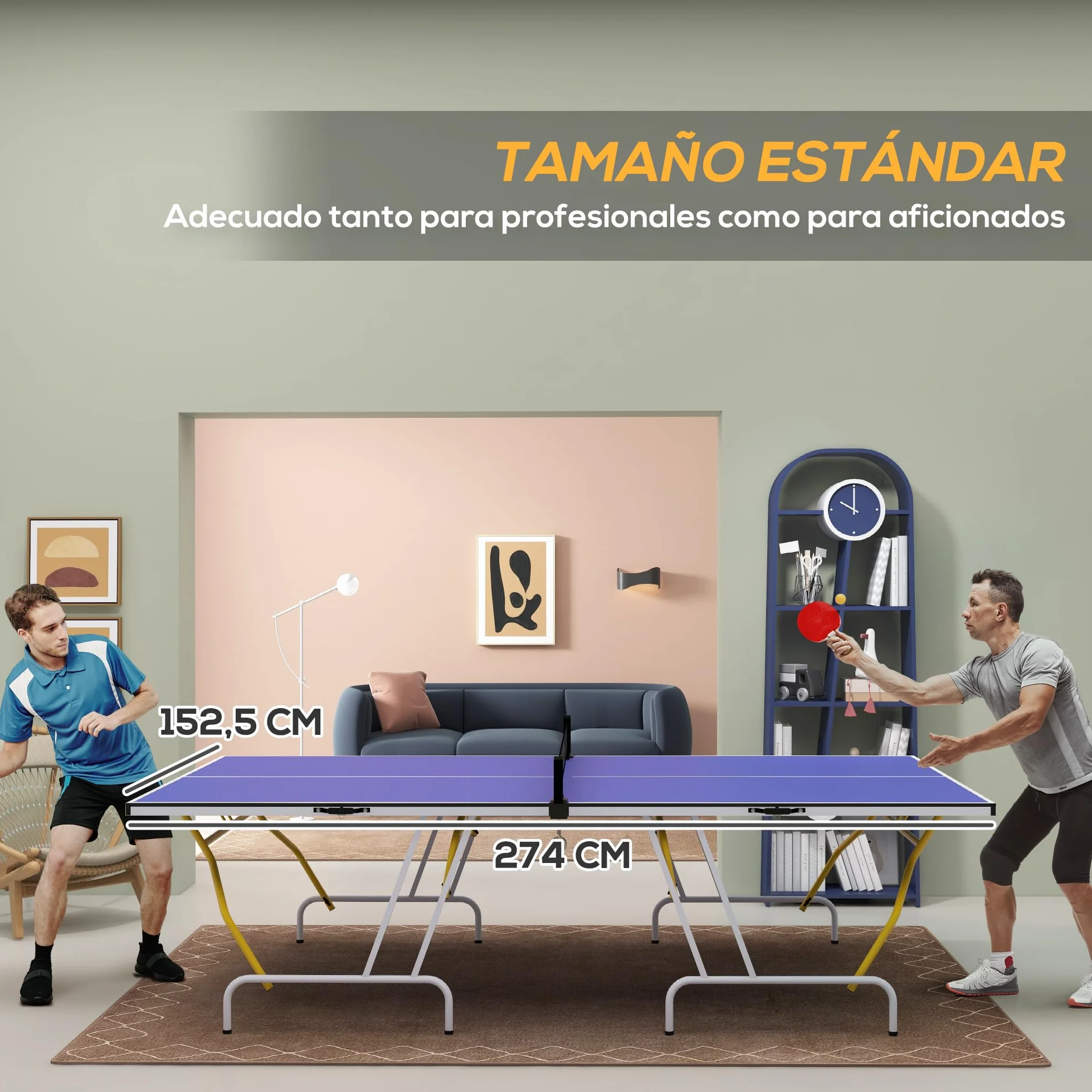 SPORTNOW Mesa de Ping-Pong Plegable con Red, Reposapiés Ajustables y Marco de Acero, 274x152,5x76 cm Azul