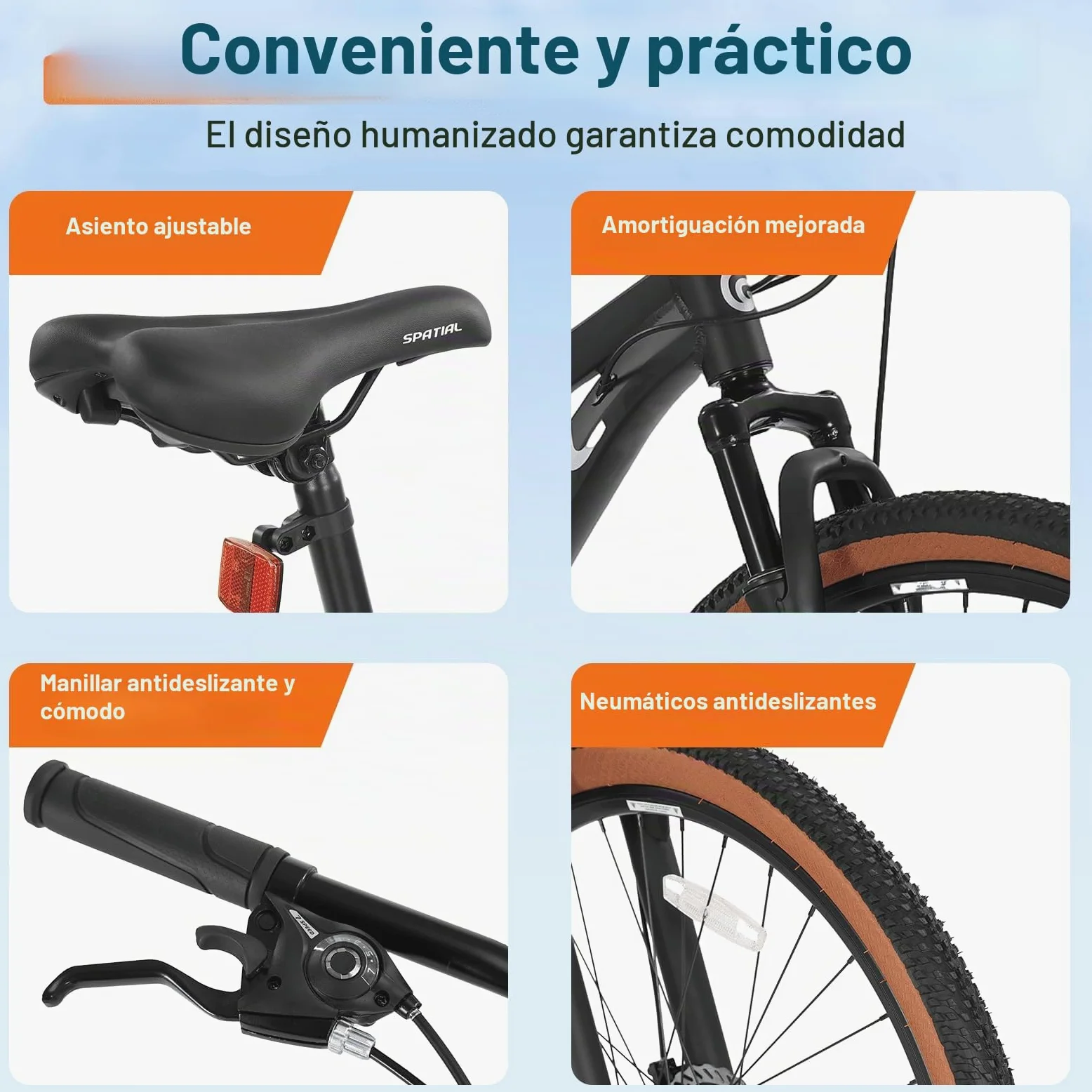 SPATIAL MTB Bicicleta de Montaña para Adultos y Jóvenes - 29/27,5/26/24 Pulgadas, 8/21 Velocidades, Frenos de Disco Mecánicos Dobles, Cuadro de Aluminio, Suspensión Delantera, Asiento Ajustable
