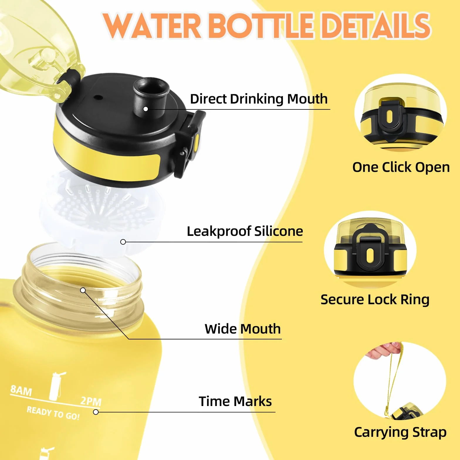 HoneyHolly Botella Agua, 1,5L, Motivacional y A Prueba de Fugas, Cantimplora, Reutilizable, Botella AGimnasio, Marcador de Tiempo, Cantimplora para Gimnasio, Trabajo, Camping, Senderismo