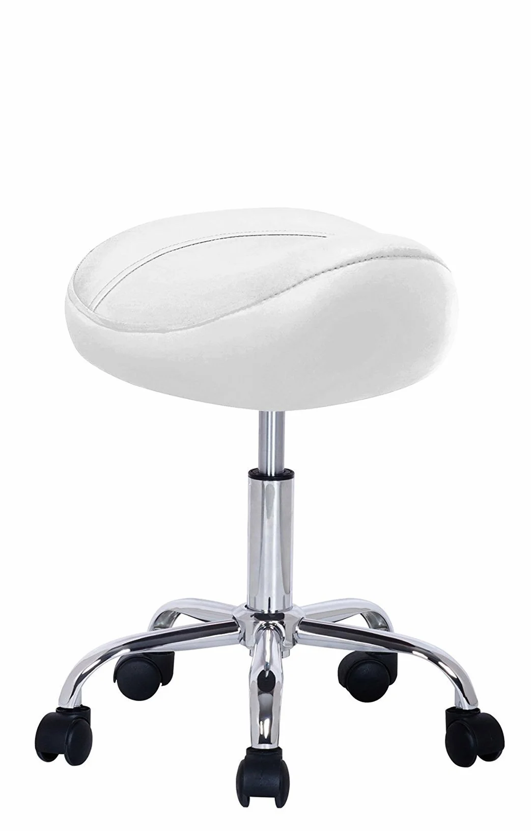 Taburete de Peluquería Giratorio 360º, Silla con Asiento de Cuero Sintético, Altura Regulable, Base Estable con 5 Ruedas, Blanco