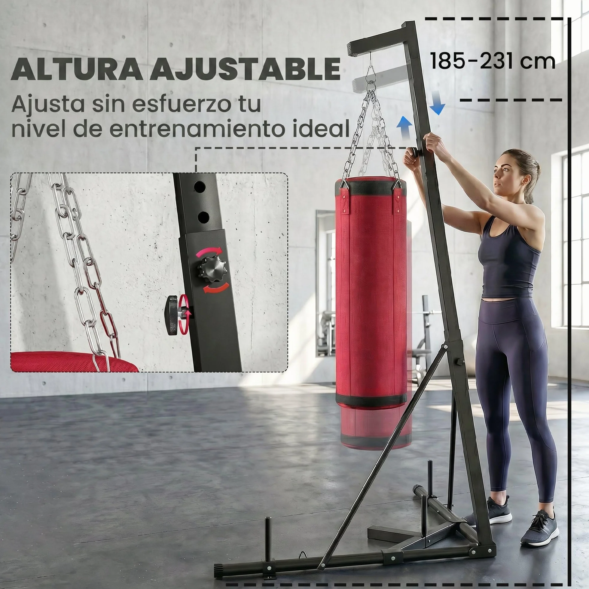 SPORTNOW Soporte para Saco de Boxeo de Pie de Acero, Soporte para Bolsa de Boxeo con Altura Ajustable 175–220 cm y 185–231 cm, Base Pesada y Bolsa de Arena, Entrenamiento para MMA, Gimnasio en Casa