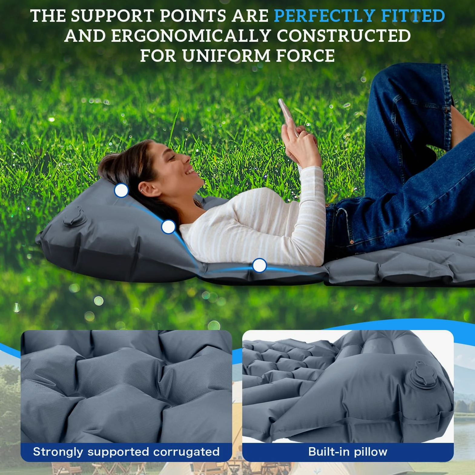 Colchoneta de dormir para acampar, ultraligera inflable con almohada, bomba de pie integrada para viajes, tienda de campaña, senderismo, mochileros (gris)